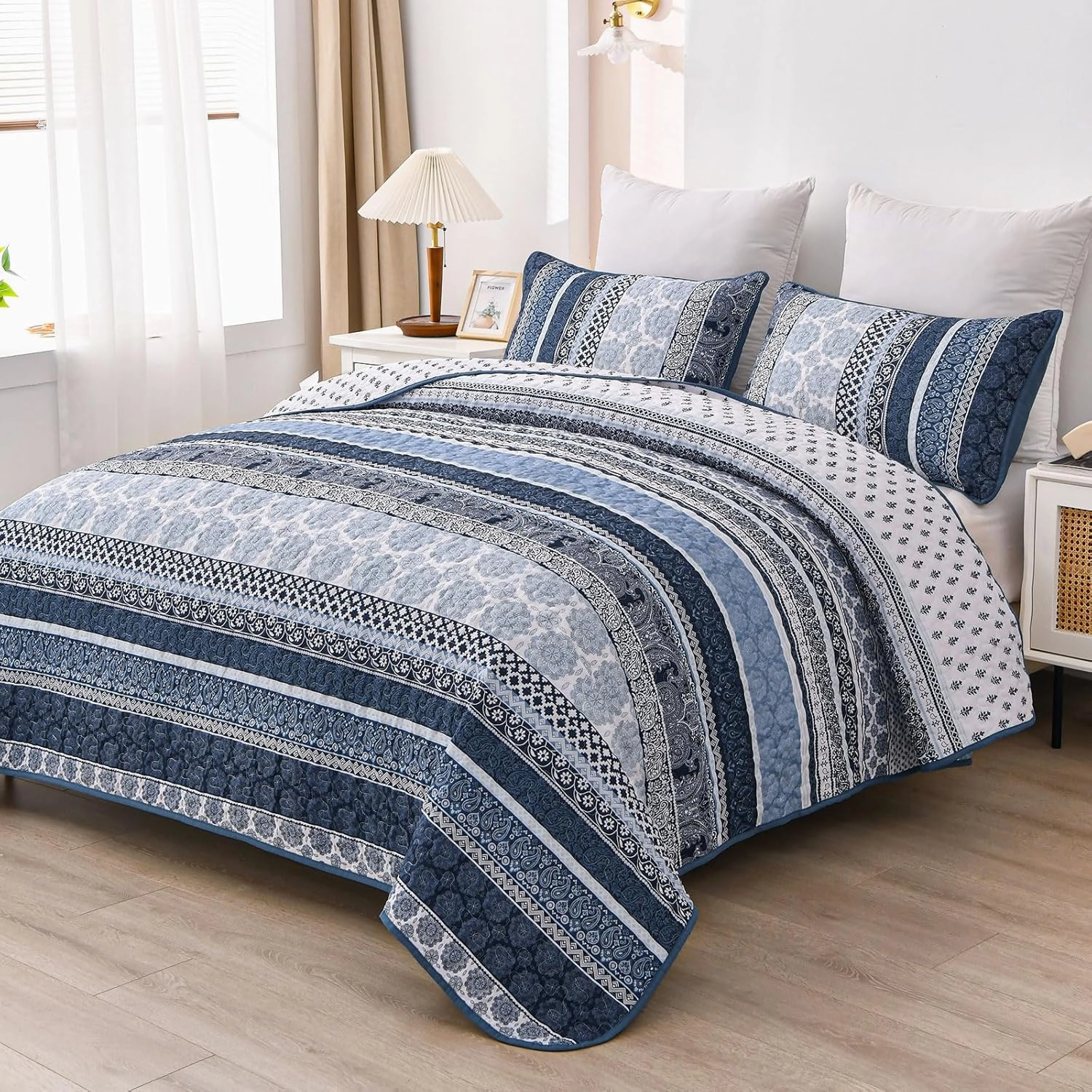 WONGS BEDDING Boho Quilt Set Queen Size, Navy Blue Bohemian 3 Pieces Quilt Sets, Lightweight Microfiber Bedspread Coverlet Bedding Set for All Season (96"x90")