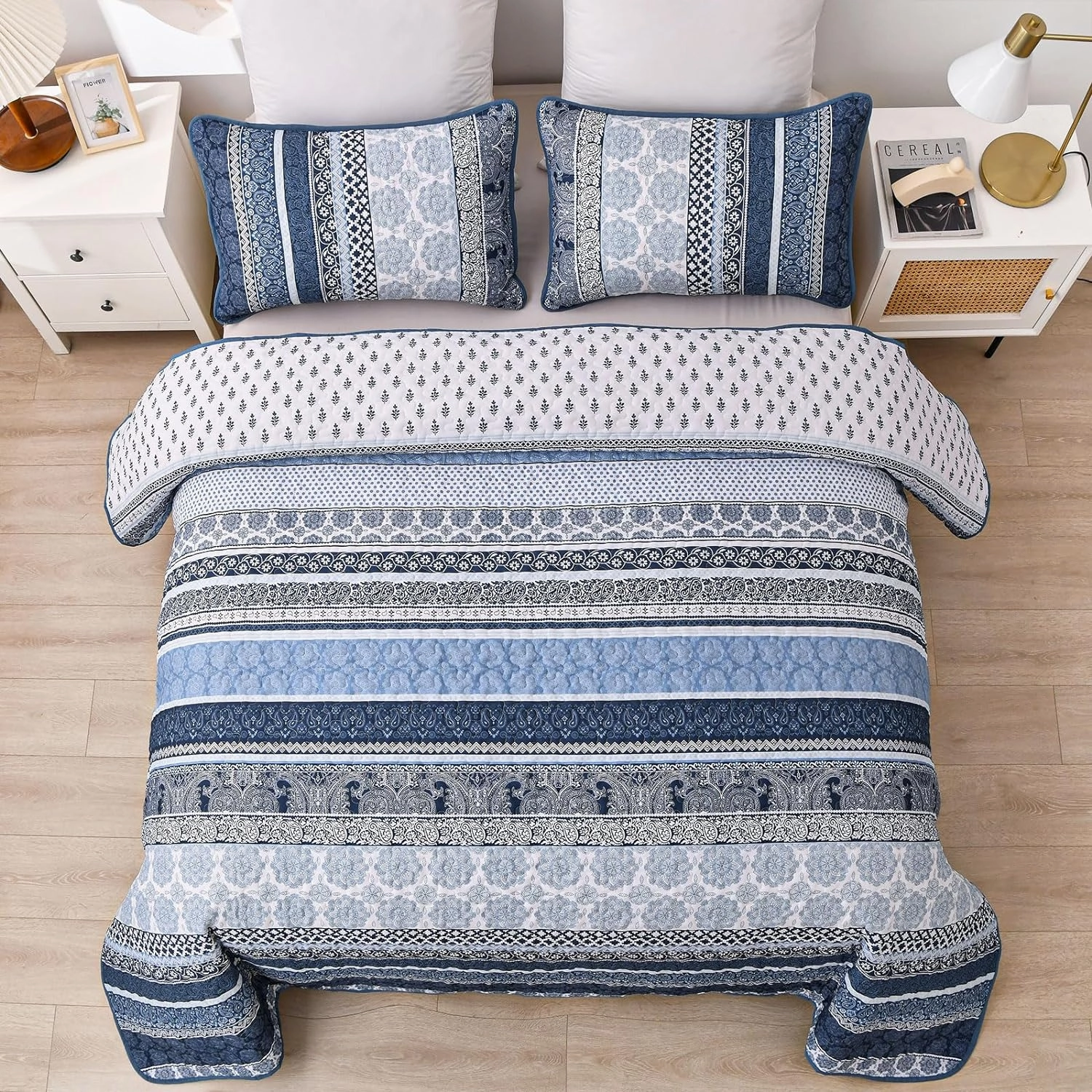 WONGS BEDDING Boho Quilt Set Queen Size, Navy Blue Bohemian 3 Pieces Quilt Sets, Lightweight Microfiber Bedspread Coverlet Bedding Set for All Season (96"x90")