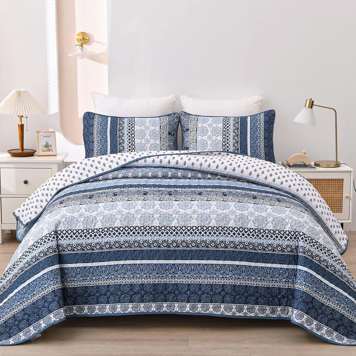 WONGS BEDDING Boho Quilt Set Queen Size, Navy Blue Bohemian 3 Pieces Quilt Sets, Lightweight Microfiber Bedspread Coverlet Bedding Set for All Season (96"x90")
