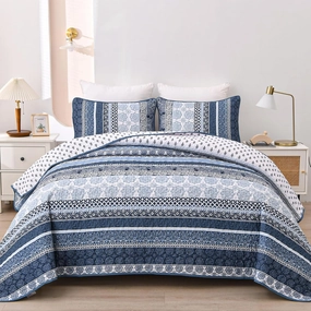 WONGS BEDDING Boho Quilt Set Queen Size, Navy Blue Bohemian 3 Pieces Quilt Sets, Lightweight Microfiber Bedspread Coverlet Bedding Set for All Season (96"x90")
