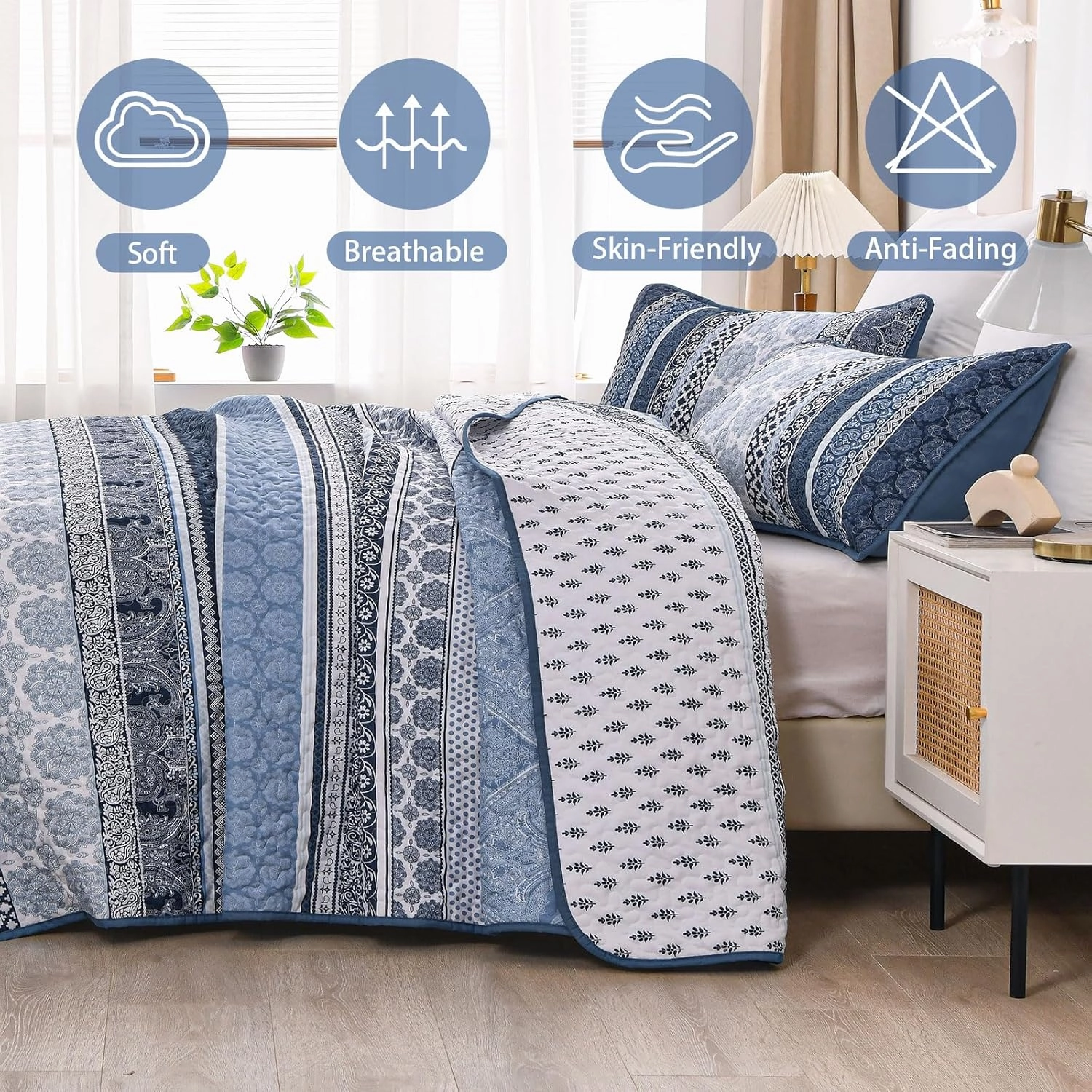 WONGS BEDDING Boho Quilt Set Queen Size, Navy Blue Bohemian 3 Pieces Quilt Sets, Lightweight Microfiber Bedspread Coverlet Bedding Set for All Season (96"x90")