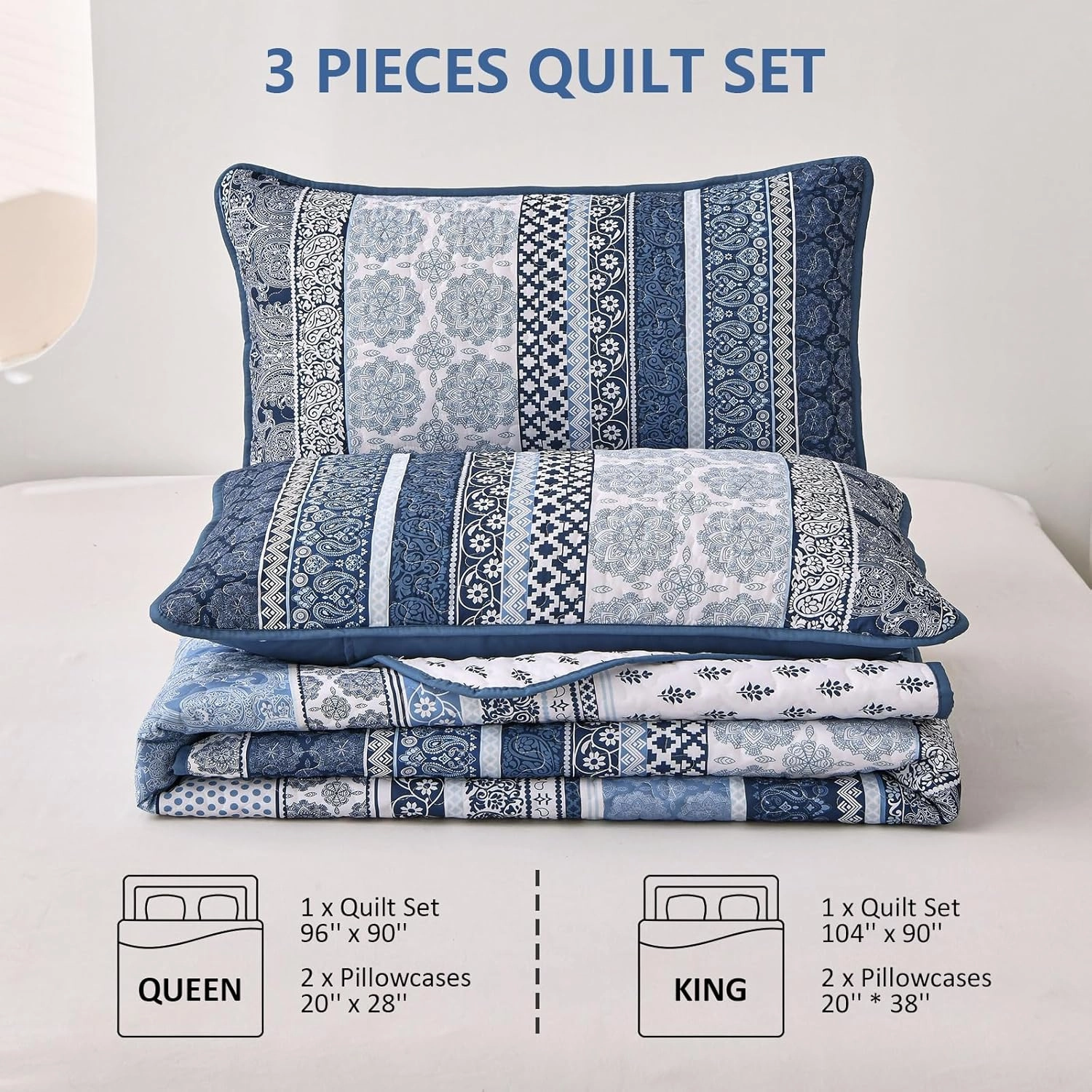 WONGS BEDDING Boho Quilt Set Queen Size, Navy Blue Bohemian 3 Pieces Quilt Sets, Lightweight Microfiber Bedspread Coverlet Bedding Set for All Season (96"x90")
