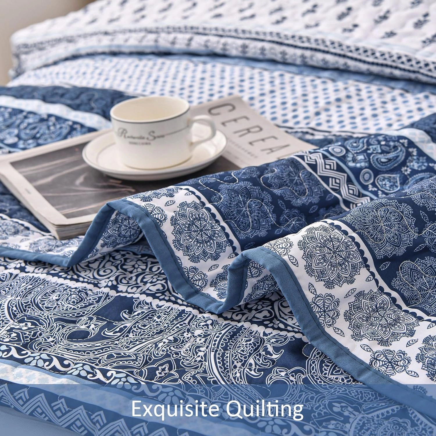 WONGS BEDDING Boho Quilt Set Queen Size, Navy Blue Bohemian 3 Pieces Quilt Sets, Lightweight Microfiber Bedspread Coverlet Bedding Set for All Season (96"x90")