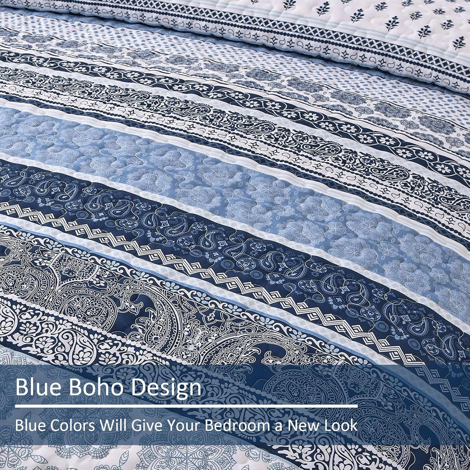 WONGS BEDDING Boho Quilt Set Queen Size, Navy Blue Bohemian 3 Pieces Quilt Sets, Lightweight Microfiber Bedspread Coverlet Bedding Set for All Season (96"x90")
