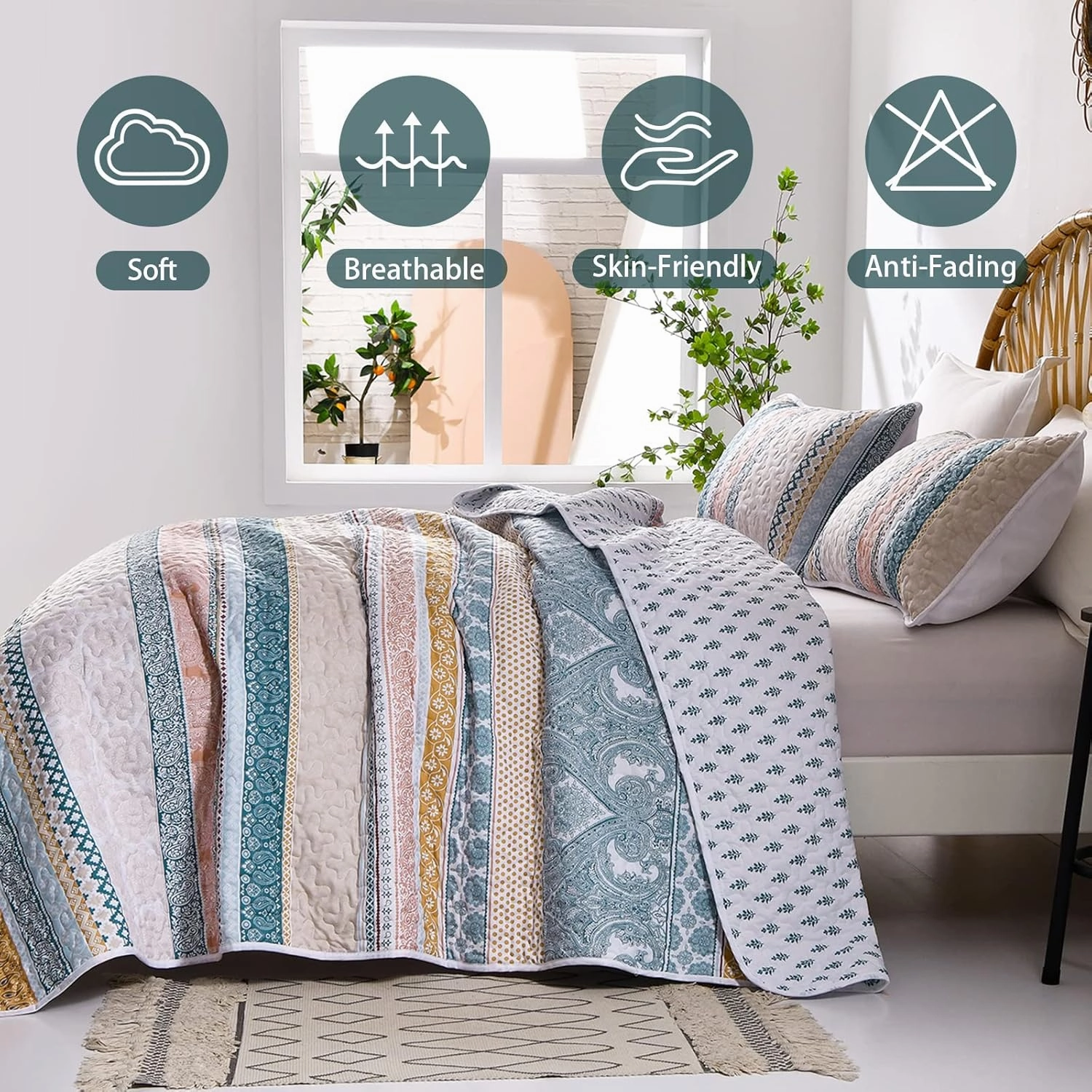 WONGS BEDDING Boho Quilt Set Queen Size, Yellow Bohemian 3 Pieces Fall Quilt Sets, Lightweight Bedspread Coverlet Bedding Set for All Season (96"x90")