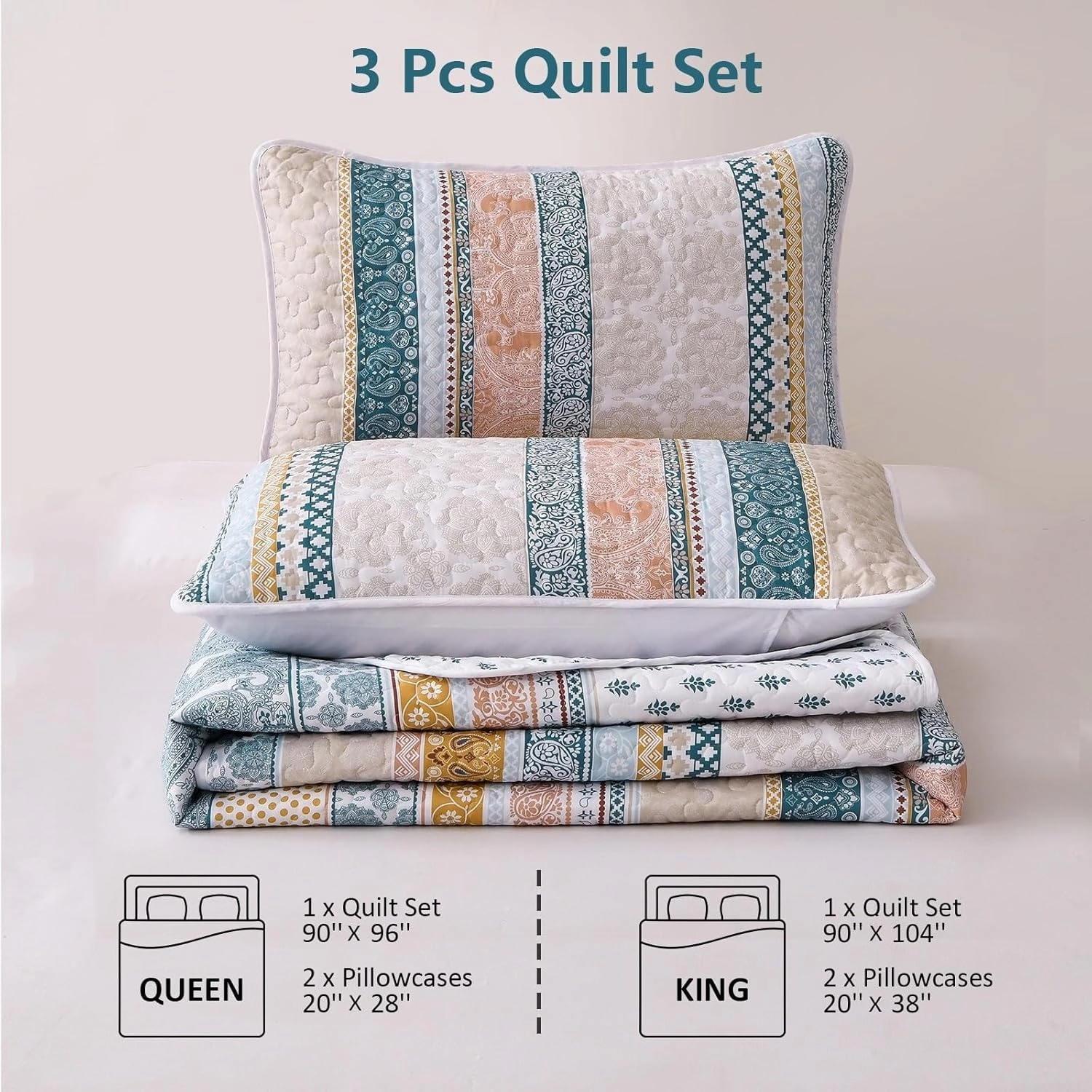 WONGS BEDDING Boho Quilt Set Queen Size, Yellow Bohemian 3 Pieces Fall Quilt Sets, Lightweight Bedspread Coverlet Bedding Set for All Season (96"x90")