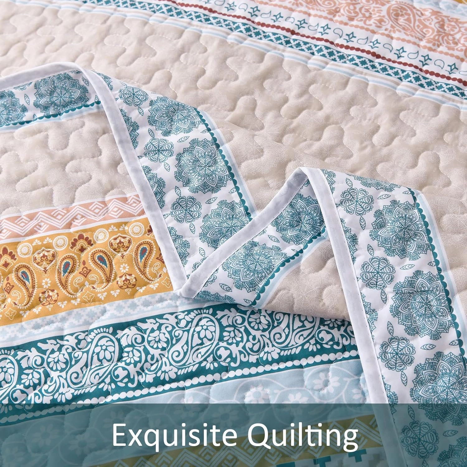 WONGS BEDDING Boho Quilt Set Queen Size, Yellow Bohemian 3 Pieces Fall Quilt Sets, Lightweight Bedspread Coverlet Bedding Set for All Season (96"x90")