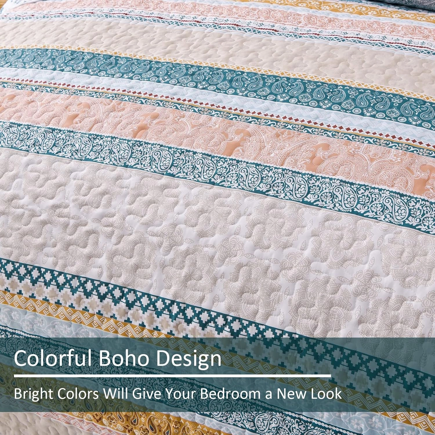 WONGS BEDDING Boho Quilt Set Queen Size, Yellow Bohemian 3 Pieces Fall Quilt Sets, Lightweight Bedspread Coverlet Bedding Set for All Season (96"x90")