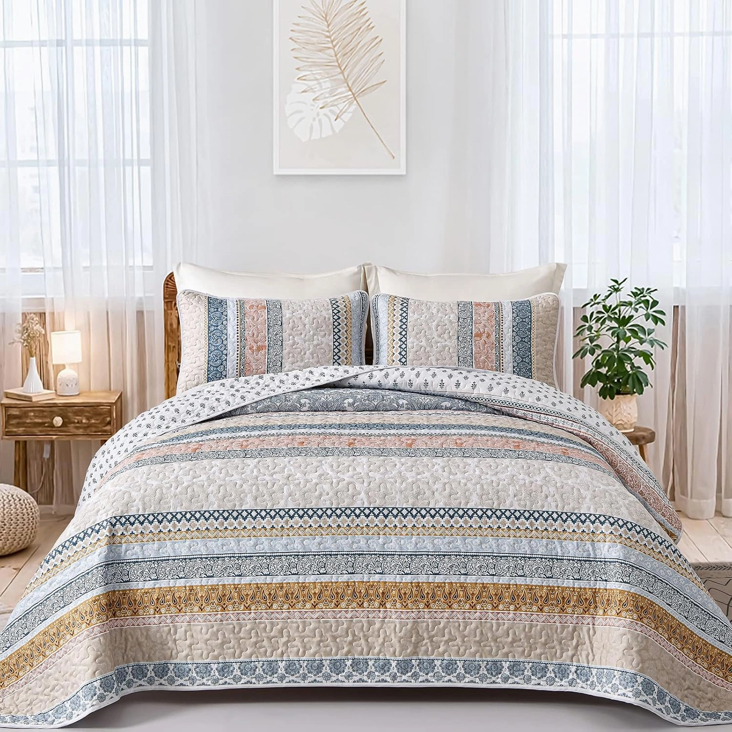 WONGS BEDDING Boho Quilt Set Queen Size, Yellow Bohemian 3 Pieces Fall Quilt Sets, Lightweight Bedspread Coverlet Bedding Set for All Season (96"x90")
