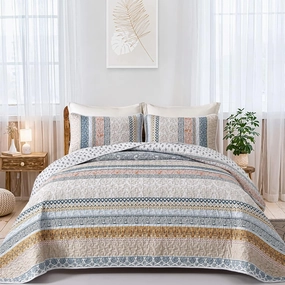 WONGS BEDDING Boho Quilt Set Queen Size, Yellow Bohemian 3 Pieces Fall Quilt Sets, Lightweight Bedspread Coverlet Bedding Set for All Season (96"x90")