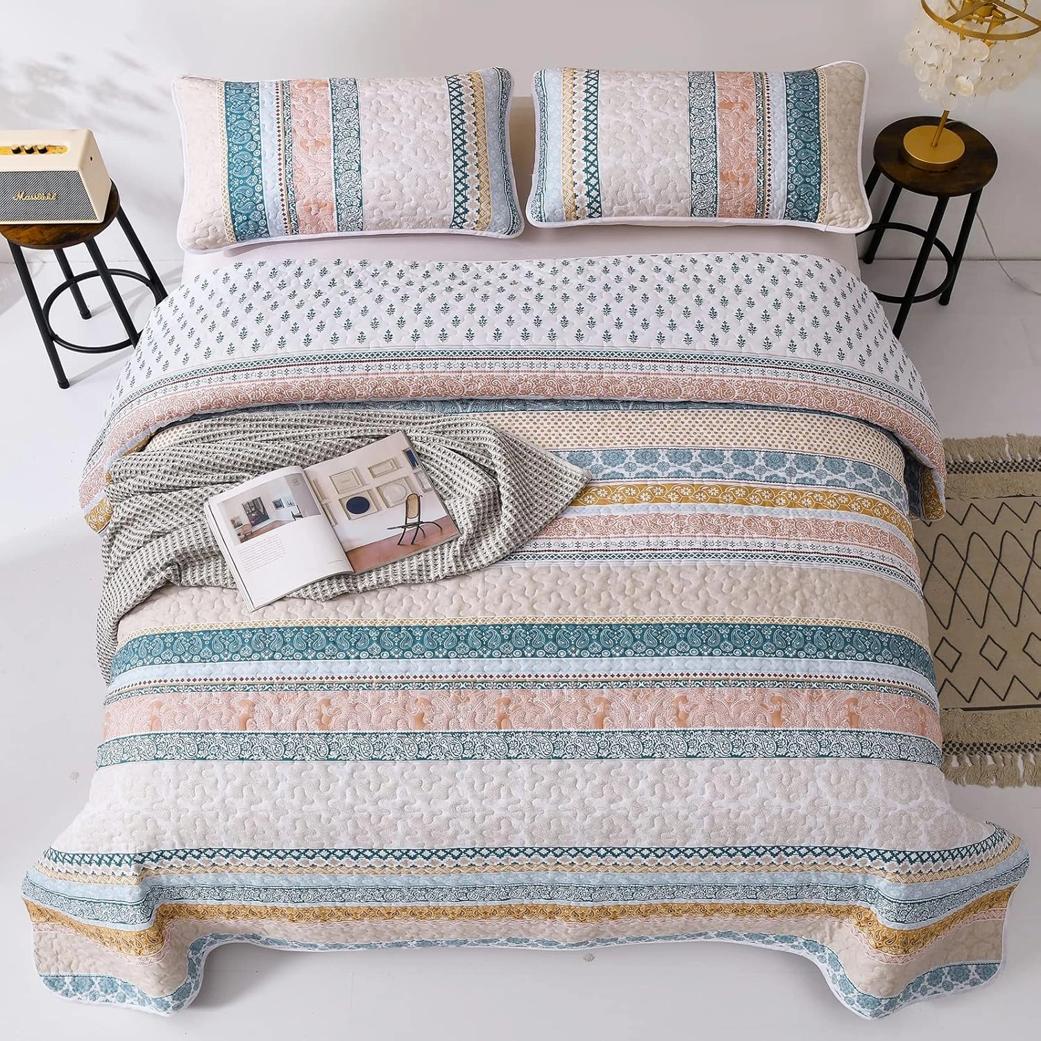 WONGS BEDDING Boho Quilt Set Queen Size, Yellow Bohemian 3 Pieces Fall Quilt Sets, Lightweight Bedspread Coverlet Bedding Set for All Season (96"x90")