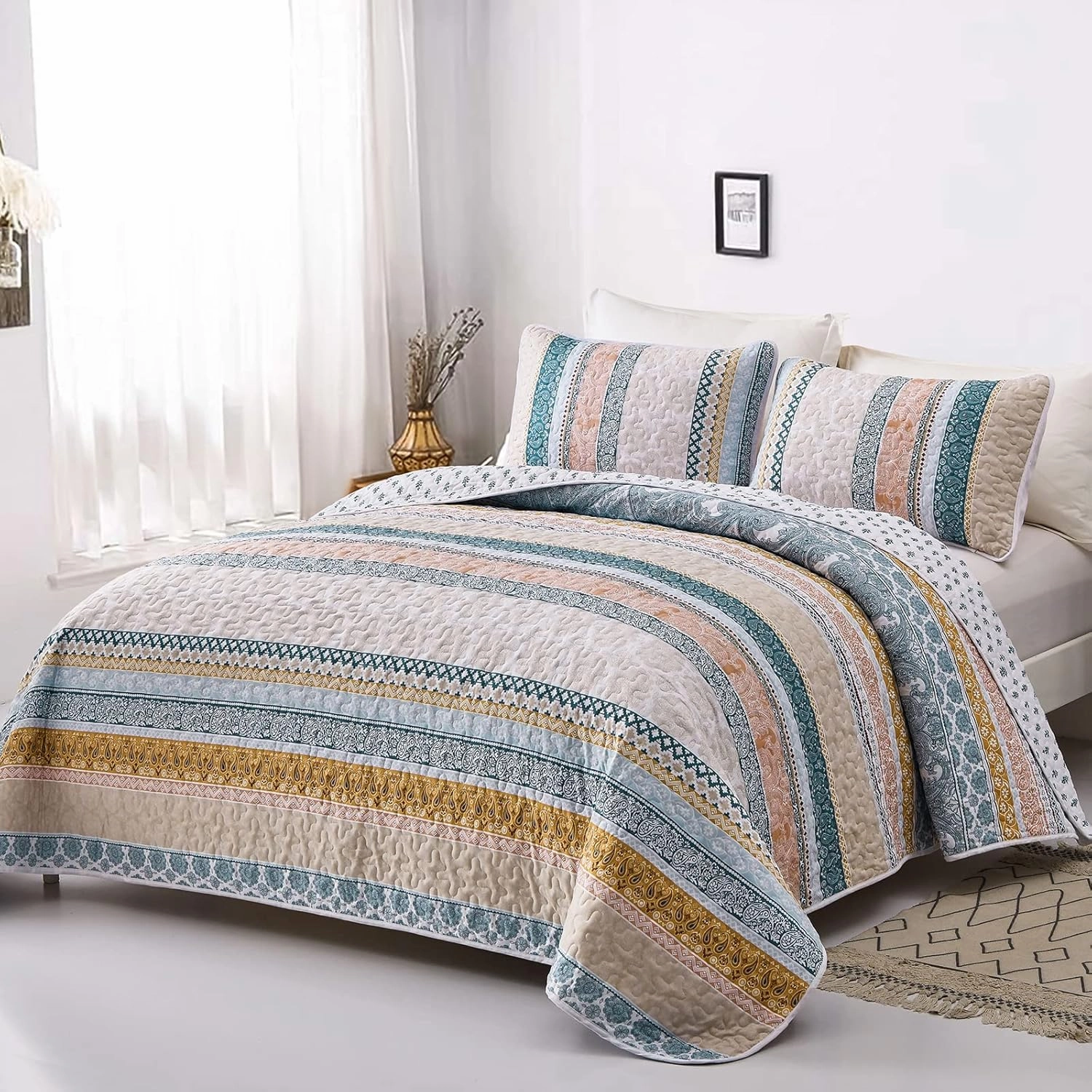 WONGS BEDDING Boho Quilt Set Queen Size, Yellow Bohemian 3 Pieces Fall Quilt Sets, Lightweight Bedspread Coverlet Bedding Set for All Season (96"x90")