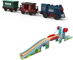 Wooden Train Accessories Lifting Bridge and Battery Operated Locomotive Train, Motorized Train Toy Electric Train Vehicle Compatible with Thomas, Brio, Melissa and Doug