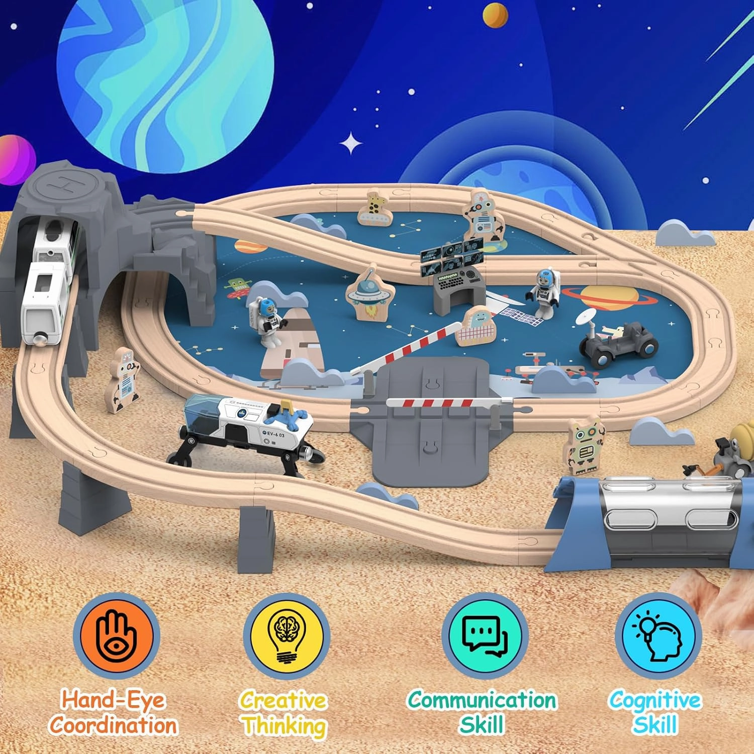 Wooden Space Theme Train Set with Rocket Station, Tunnel, Vehicles, 82 PCS Train Tracks Toys with Electric Trains, Ideal Gift Train Toy for Boys and Girls Ages 3 
