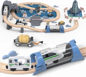Wooden Space Theme Train Set with Rocket Station, Tunnel, Vehicles, 82 PCS Train Tracks Toys with Electric Trains, Ideal Gift Train Toy for Boys and Girls Ages 3 