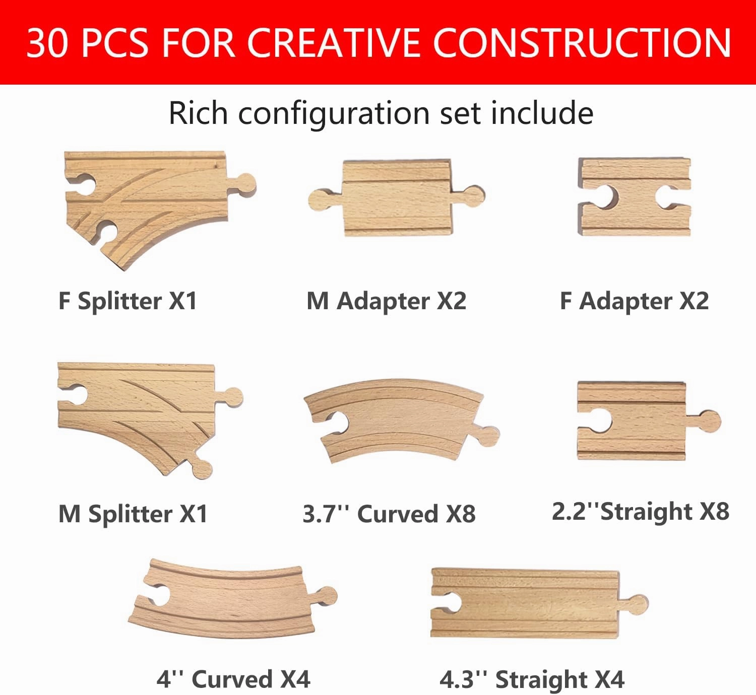Wooden Train Track 30Pcs, Wood Train Tracks Expansion Accessories Expansion Pack fits Melissa and Doug, Brio, Thomas, Montessori Toys, Birthday Gift for Boys Girls Toddler Kids