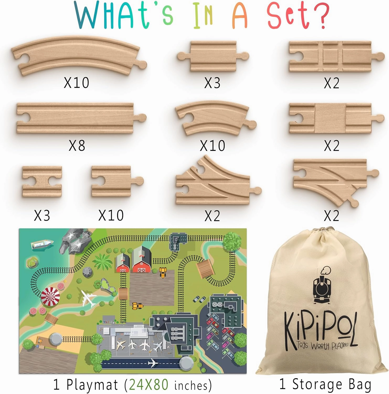 Wooden Train Tracks Set - 52 pcs Bonus Railroad Map –Compatible W All Major Wooden Railway Toy Brands Including: Thomas The Train Track Set, Brio Train, Melissa and Doug Train Set for Kids 3 