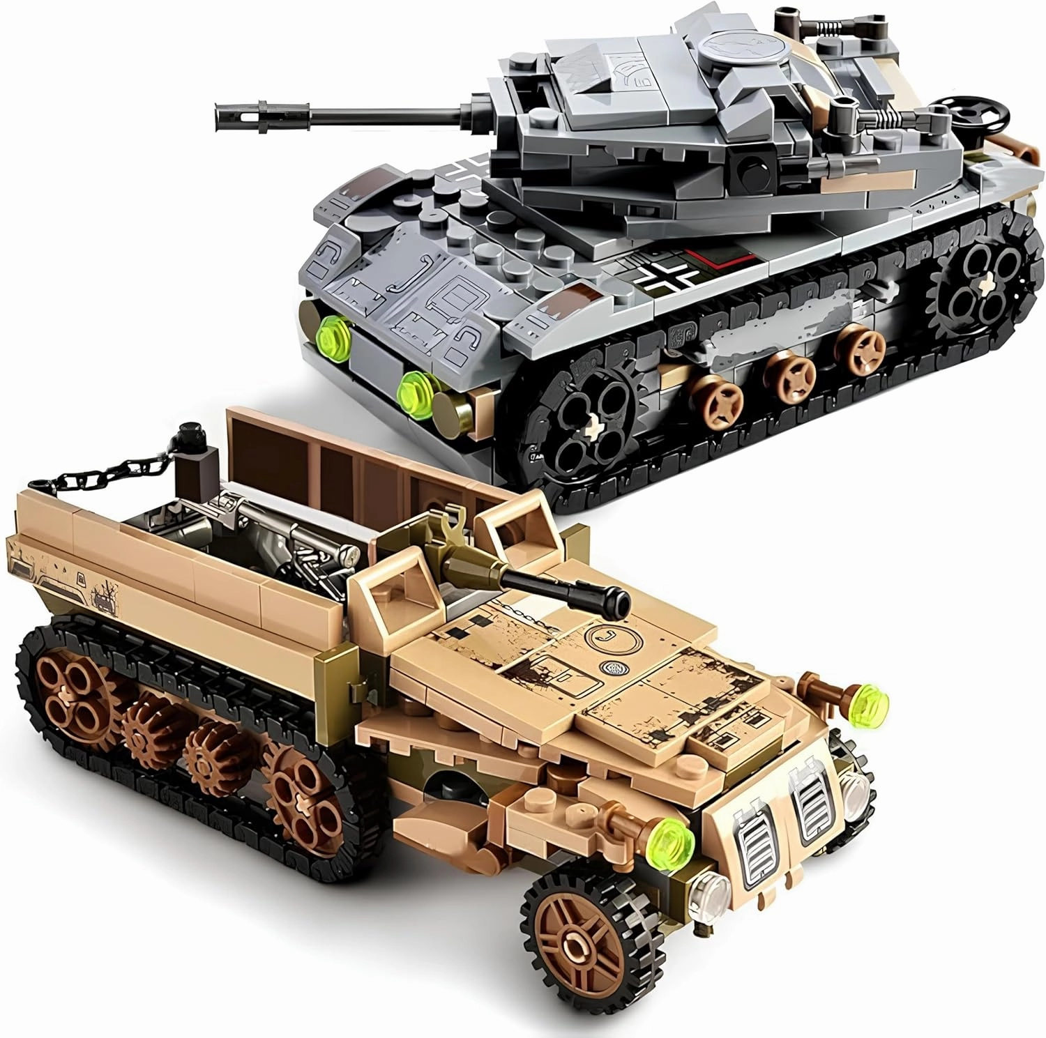 WW2 Army Tank Empire Toys Building Set - German Tiger & American Hummer Models with 1061 Blocks, Military Gifts for Boys & Kids Age 8-14，Total 26 Models
