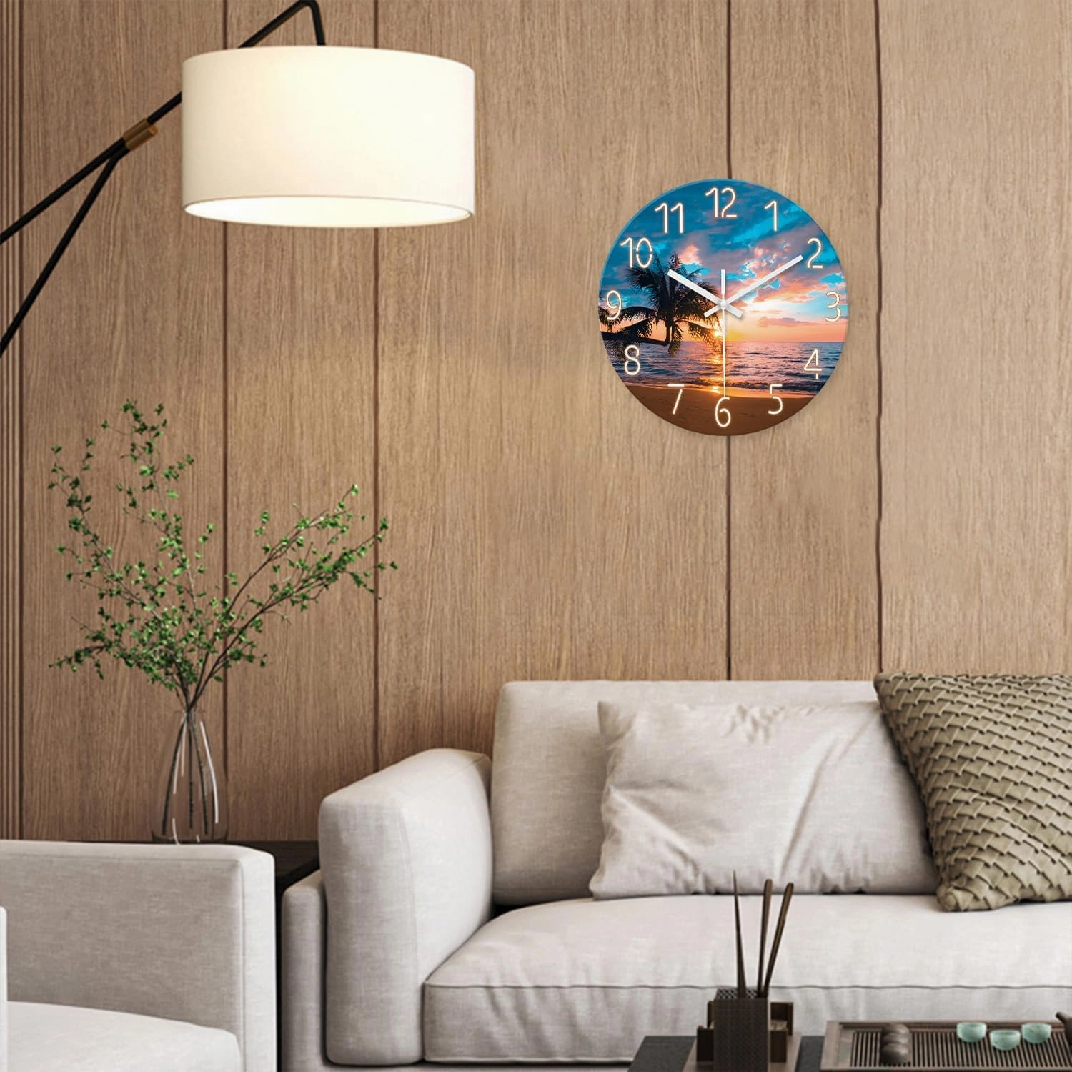 XFM Blue Nautical Beach Wall Clocks Battery Operated Palm Tree Wall Clocks for Living Room 12 Inch Round Glass Silent Wall Clock Non Ticking Sunset Clock