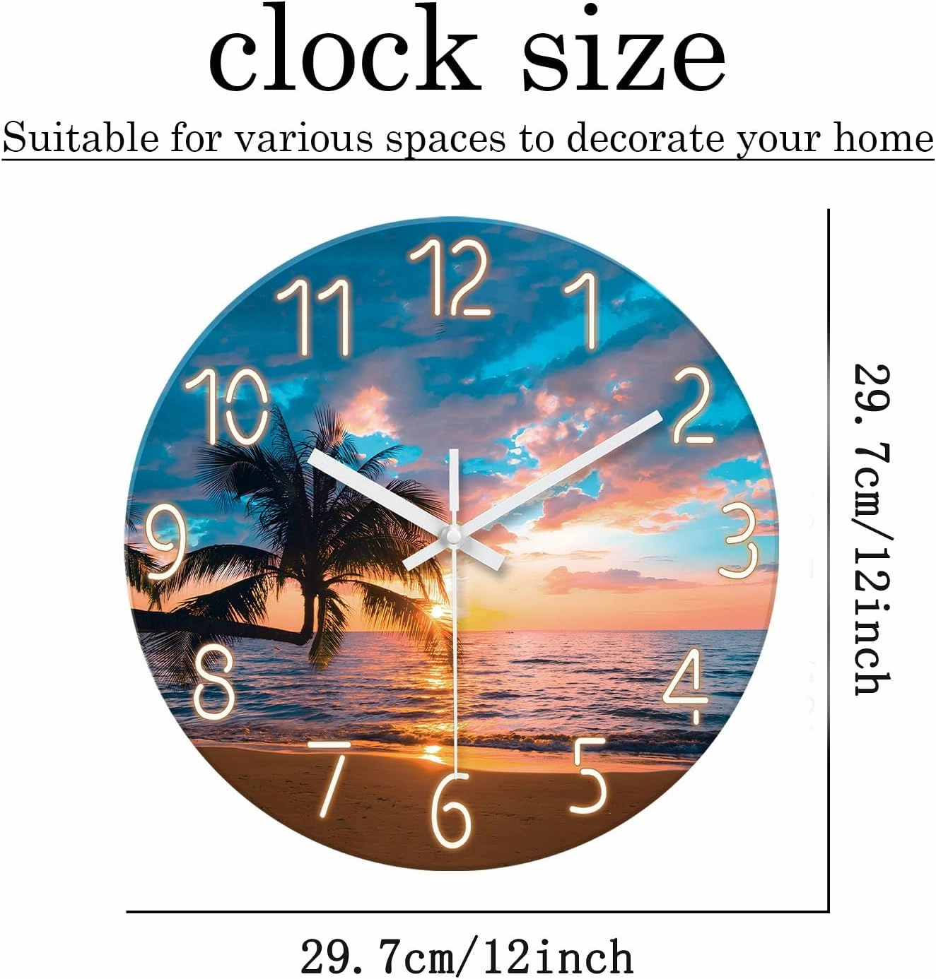 XFM Blue Nautical Beach Wall Clocks Battery Operated Palm Tree Wall Clocks for Living Room 12 Inch Round Glass Silent Wall Clock Non Ticking Sunset Clock