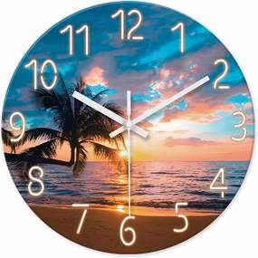 XFM Blue Nautical Beach Wall Clocks Battery Operated Palm Tree Wall Clocks for Living Room 12 Inch Round Glass Silent Wall Clock Non Ticking Sunset Clock