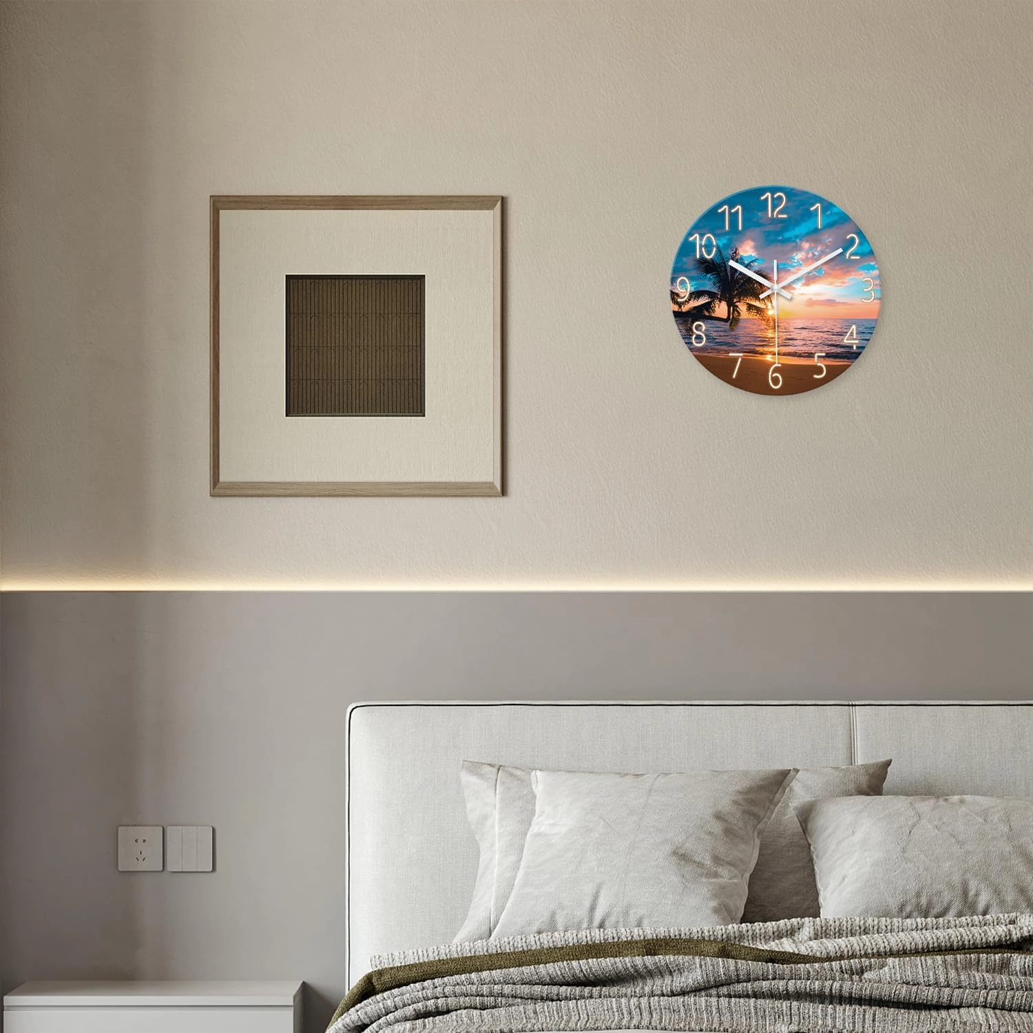 XFM Blue Nautical Beach Wall Clocks Battery Operated Palm Tree Wall Clocks for Living Room 12 Inch Round Glass Silent Wall Clock Non Ticking Sunset Clock