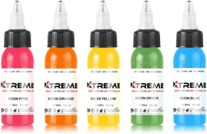 Xtreme Ink 5 Color Neon Set, Electrifying Tattoo Inks for Vibrant Neon Effects, Neon Pink, Orange, Yellow, Green, Blue - UV-Free Brilliance, Ethical, Water-Based, Vegan, and Safe (Set of 5, 1/2 oz)