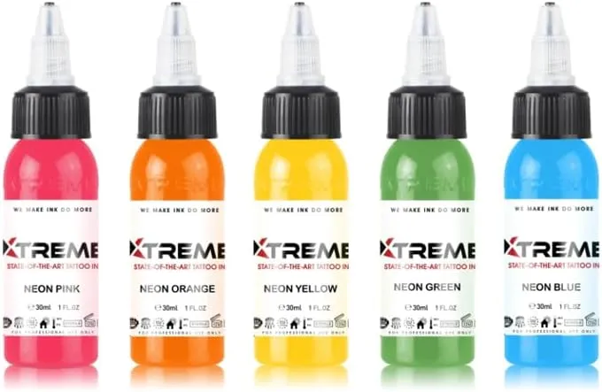 Xtreme Ink 5 Color Neon Set, Electrifying Tattoo Inks for Vibrant Neon Effects, Neon Pink, Orange, Yellow, Green, Blue - UV-Free Brilliance, Ethical, Water-Based, Vegan, and Safe (Set of 5, 1/2 oz)