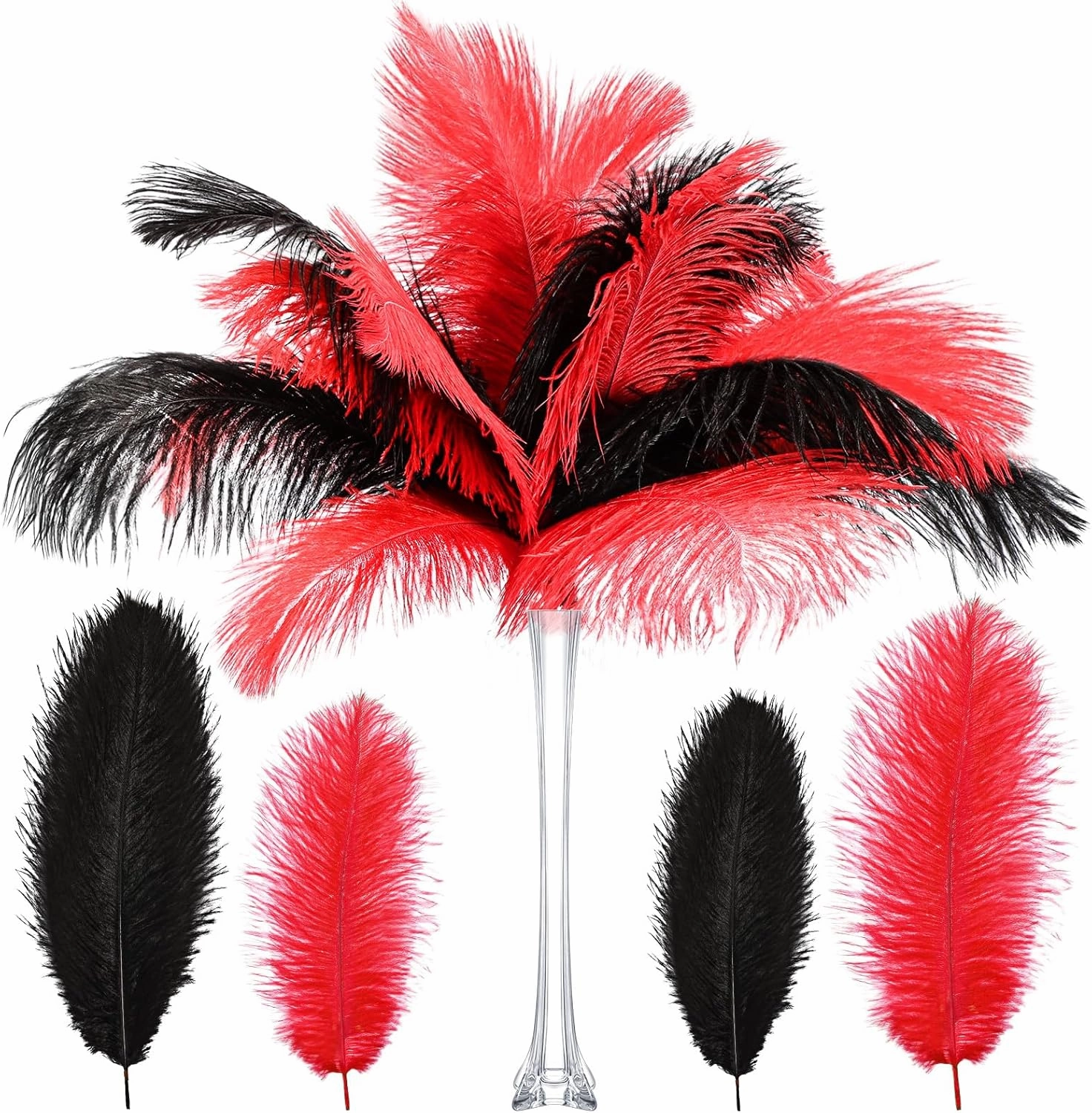 XunYee 120 Pcs 1920s Natural Ostrich Feathers Bulk 10-12 Inch/ 12-14 Inch Large Ostrich Feather Plumes for Centerpieces Bulk Feathers for Wedding Table Party Decoration (Black, Red)