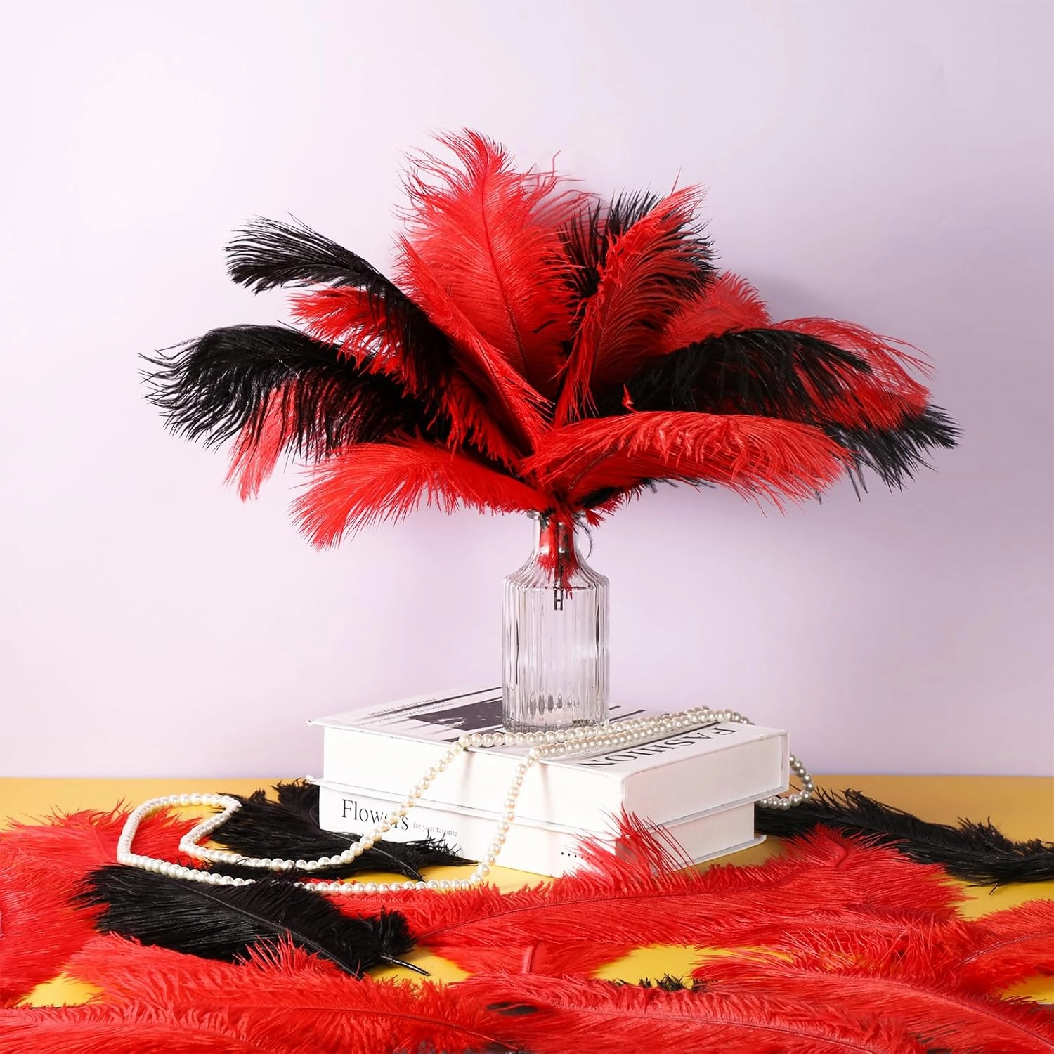 XunYee 120 Pcs 1920s Natural Ostrich Feathers Bulk 10-12 Inch/ 12-14 Inch Large Ostrich Feather Plumes for Centerpieces Bulk Feathers for Wedding Table Party Decoration (Black, Red)