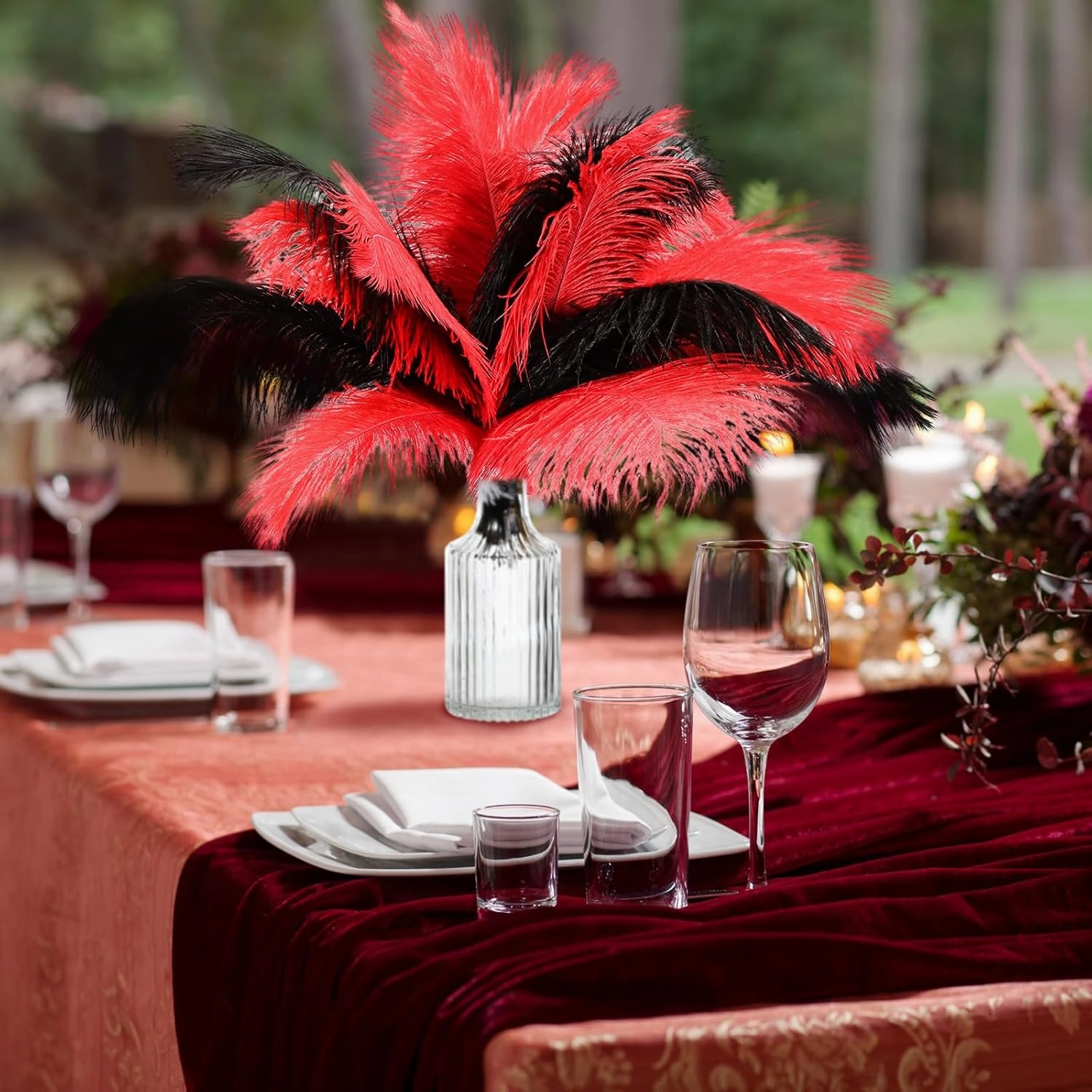 XunYee 120 Pcs 1920s Natural Ostrich Feathers Bulk 10-12 Inch/ 12-14 Inch Large Ostrich Feather Plumes for Centerpieces Bulk Feathers for Wedding Table Party Decoration (Black, Red)