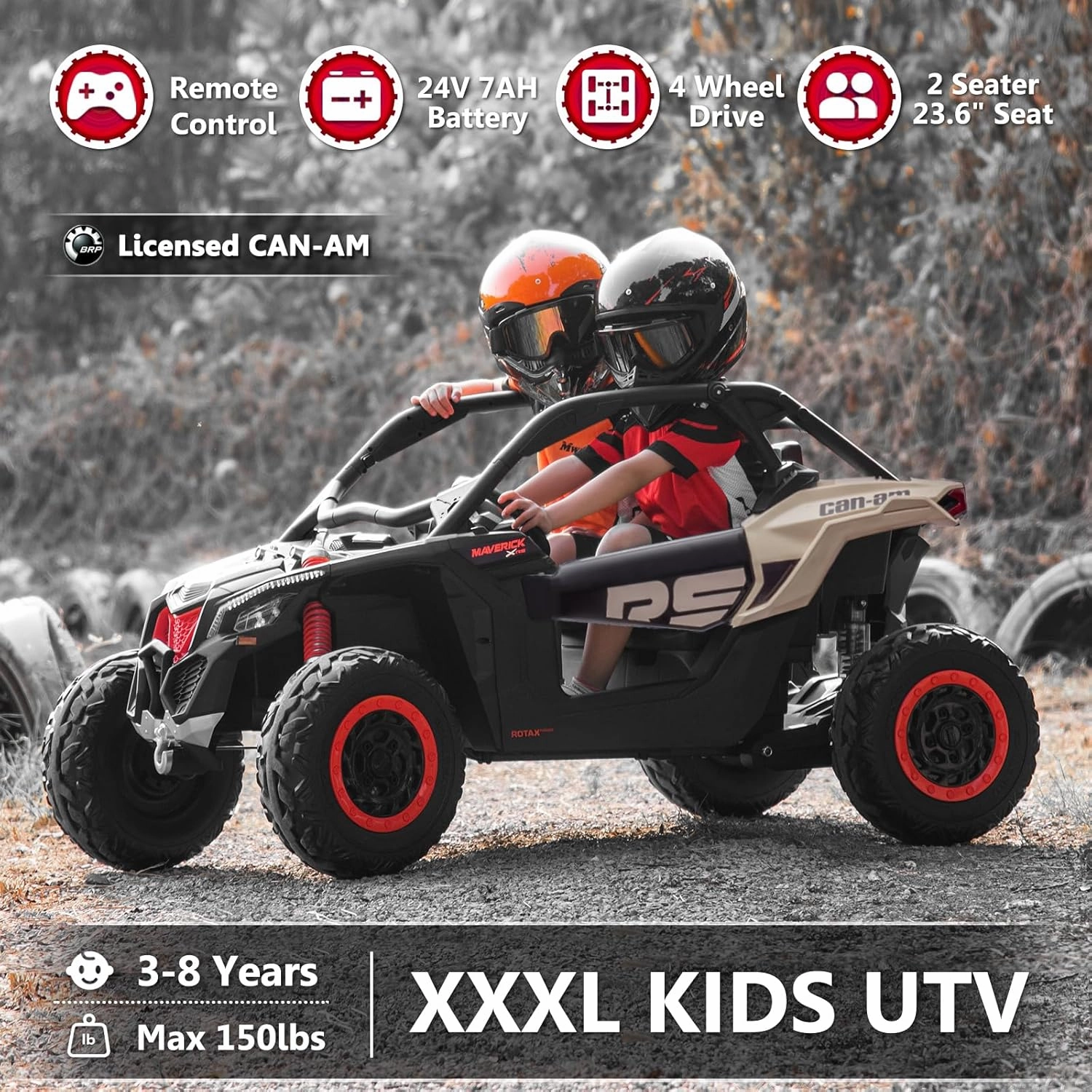 XXXL 24V 2 Seater Kids UTV with Remote Control Licensed Can-Am Maverick UTV 4WD Ride On Toy for Big Kids Ride On Truck with EVA Wheels, LED Headlight, Music Player, Shock Absorber, Black