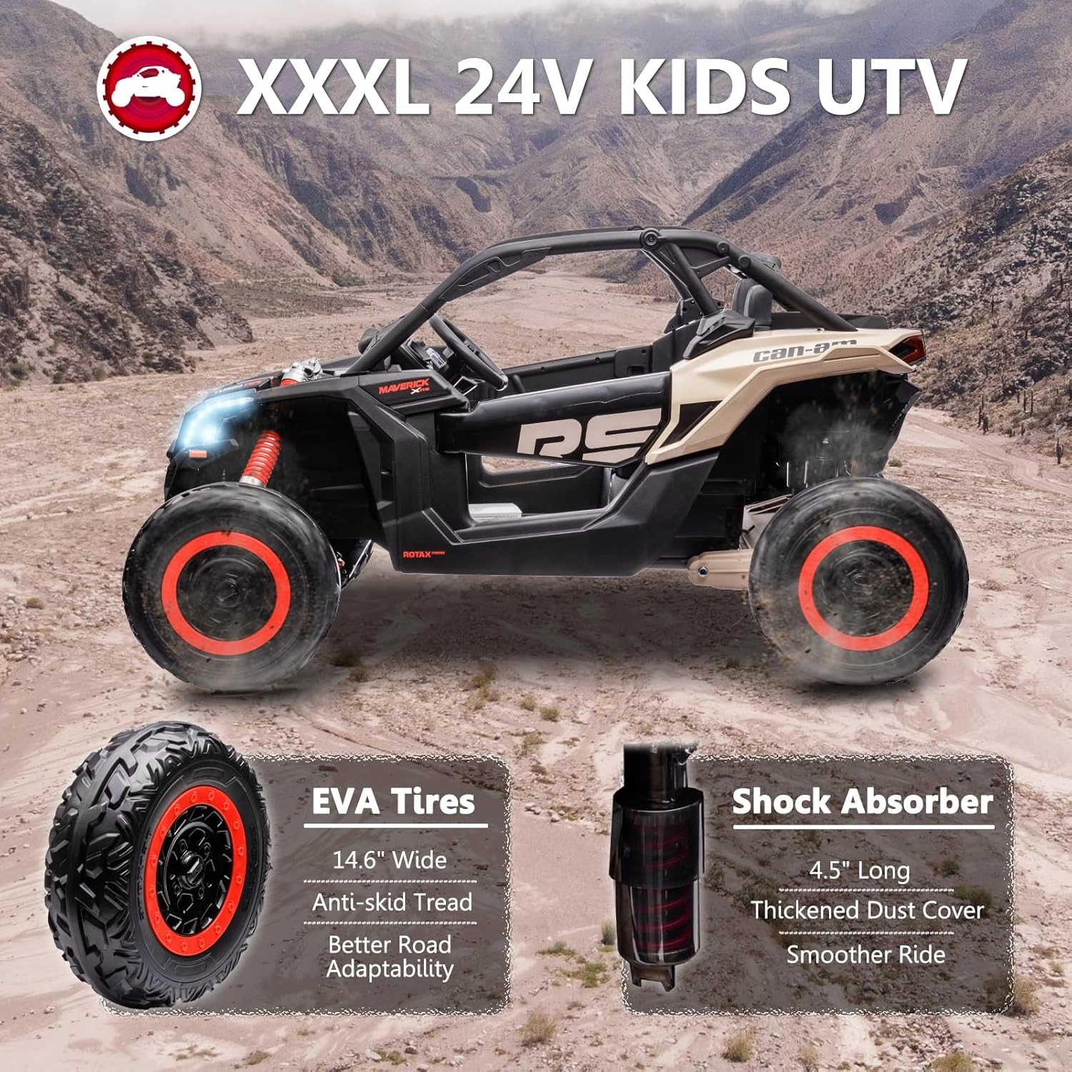 XXXL 24V 2 Seater Kids UTV with Remote Control Licensed Can-Am Maverick UTV 4WD Ride On Toy for Big Kids Ride On Truck with EVA Wheels, LED Headlight, Music Player, Shock Absorber, Black