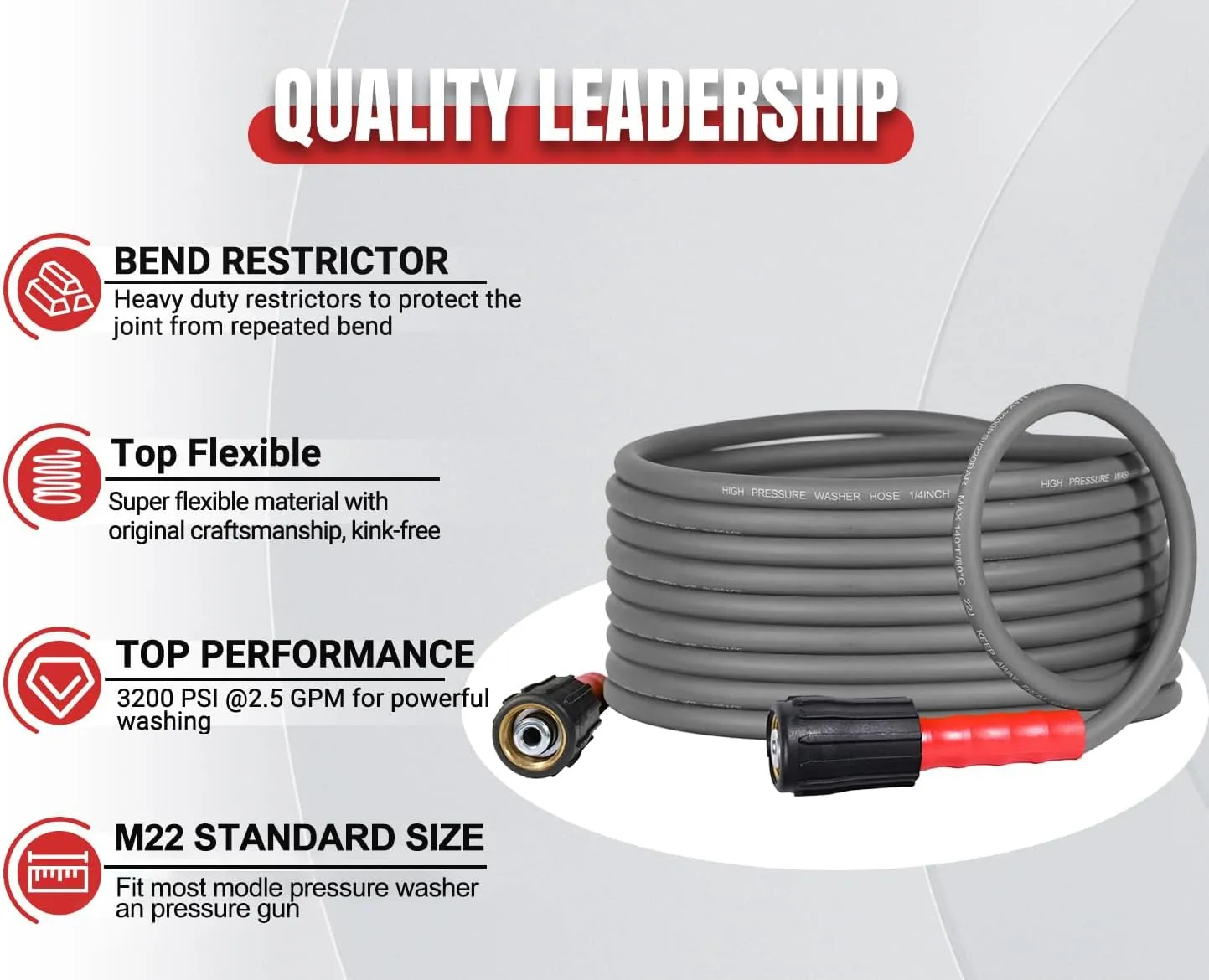 YAMATIC Super Flexible Pressure Washer Hose 25FT for Power Washer Replacement, Kink Resistant Extension With Leak-Free M22 Female & 3/8" Quick Connect Adapters, 1/4" 3200 PSI, Grey