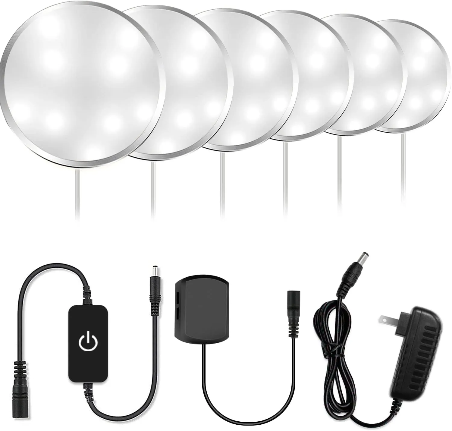 YGS-Tech LED Under Cabinet Lighting Kit, 1020 Lumens LED Puck Light, 5000K Daylight White, CRI90 , Touch Dimming, Silver Trim All Accessories Included, for Kitchen, Closet Lights, Safe Light, 6-Pack