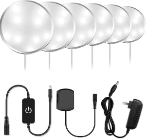 YGS-Tech LED Under Cabinet Lighting Kit, 1020 Lumens LED Puck Light, 5000K Daylight White, CRI90 , Touch Dimming, Silver Trim All Accessories Included, for Kitchen, Closet Lights, Safe Light, 6-Pack