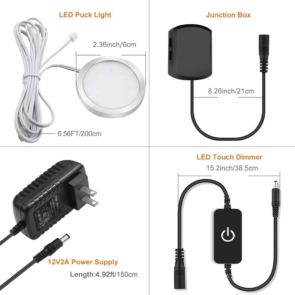 YGS-Tech LED Under Cabinet Lighting Kit, 1020 Lumens LED Puck Light, 5000K Daylight White, CRI90 , Touch Dimming, Silver Trim All Accessories Included, for Kitchen, Closet Lights, Safe Light, 6-Pack