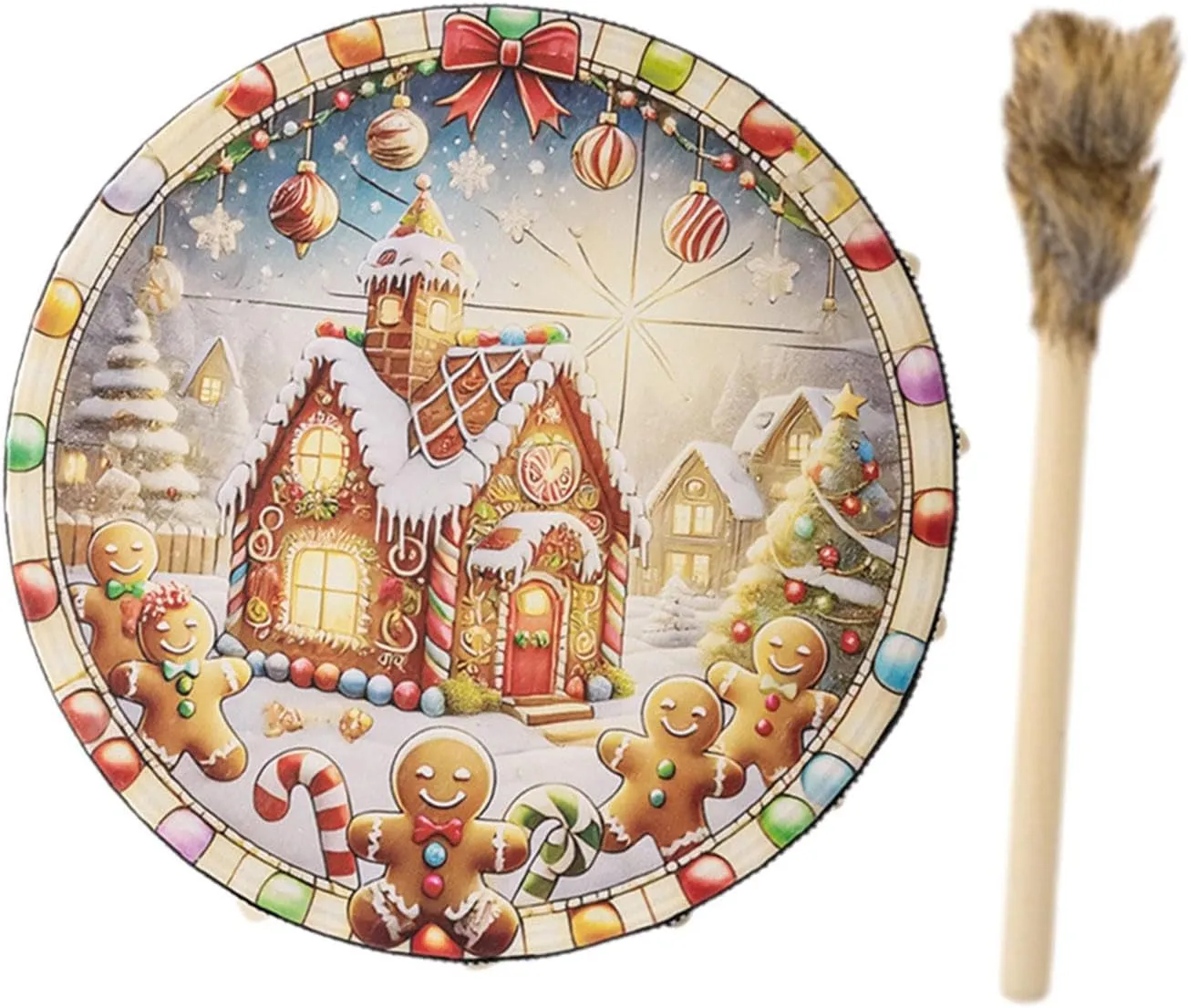 Yiju Christmas Drum Musical Toy with Drum Stick Tabletop Fashion Gingerbread Man Wooden Toy Kids Drum for Family School Indoor, House Pattern