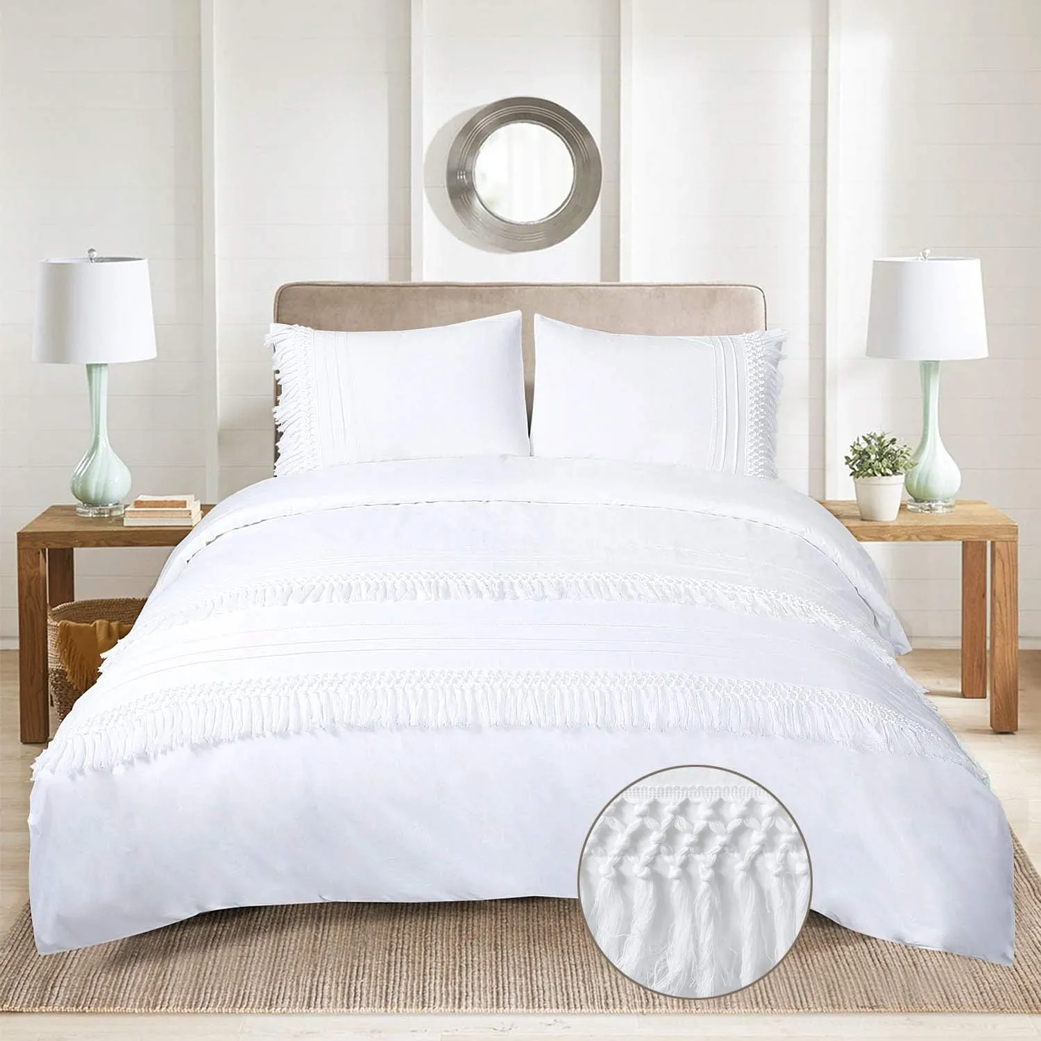 YINFUNG White Fringe Duvet Cover Set Queen Tassel Boho100% Cotton Macrame Textured Crochet 90x90 Fringe Elegant Bright Quilt Cover 3PC Bedding Set Lace Trim Woven Zipper Minimalist