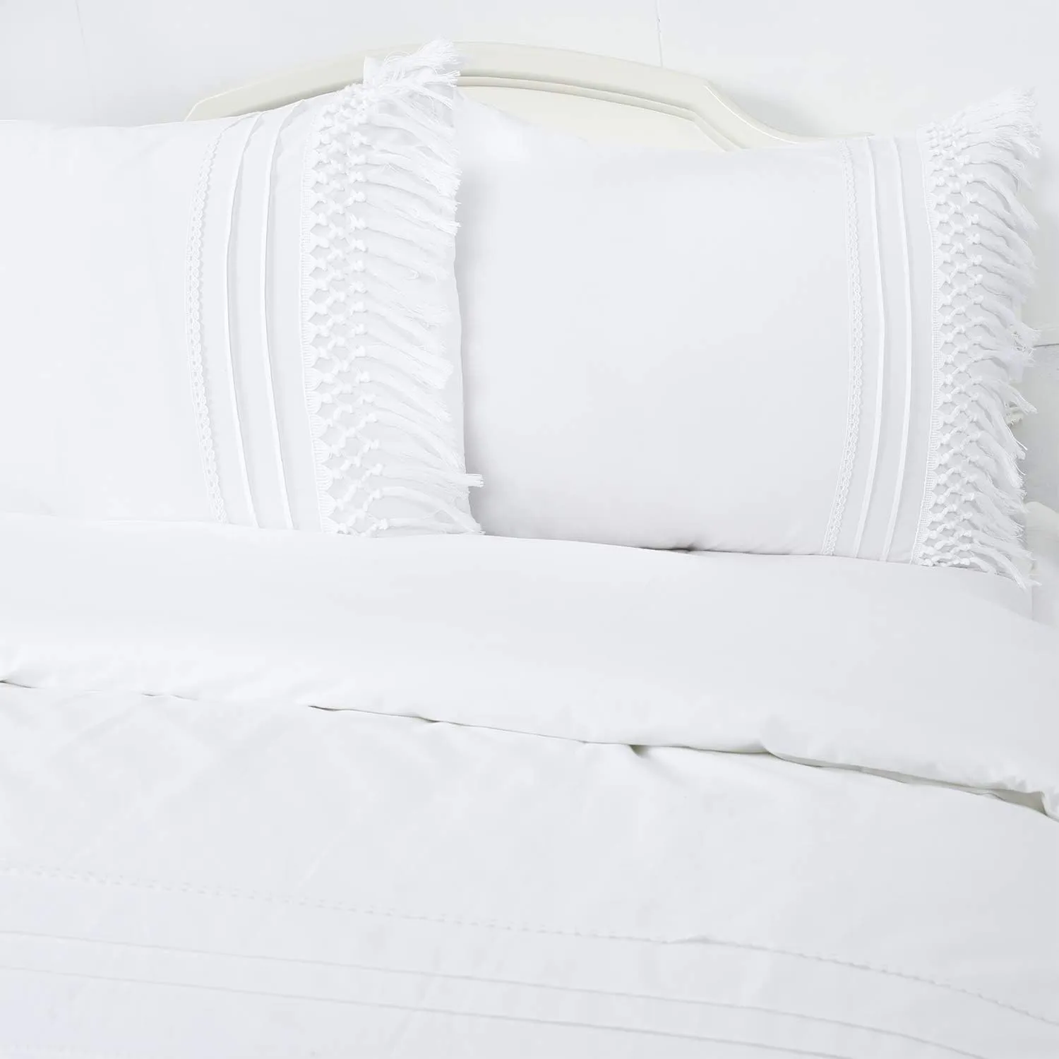 YINFUNG White Fringe Duvet Cover Set Queen Tassel Boho100% Cotton Macrame Textured Crochet 90x90 Fringe Elegant Bright Quilt Cover 3PC Bedding Set Lace Trim Woven Zipper Minimalist