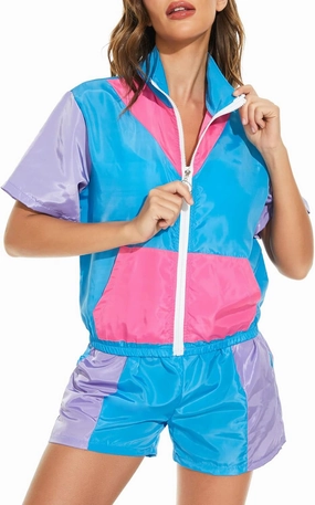 Yisfri Women's Color Block Windbreaker 2 Piece Outfits Short Sleeve Zip Front Elastic Waist Tracksuit Set