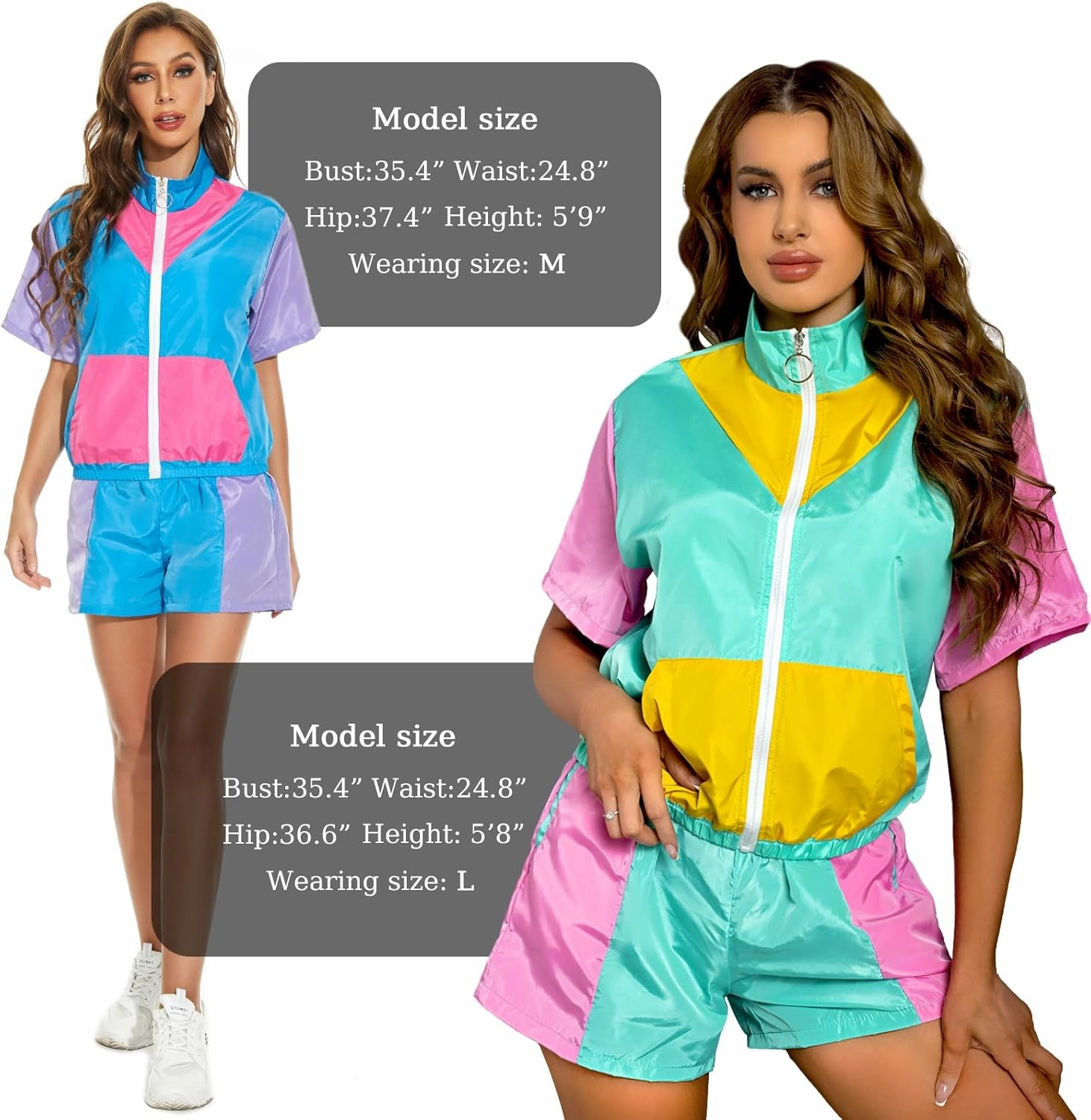 Yisfri Women's Color Block Windbreaker 2 Piece Outfits Short Sleeve Zip Front Elastic Waist Tracksuit Set