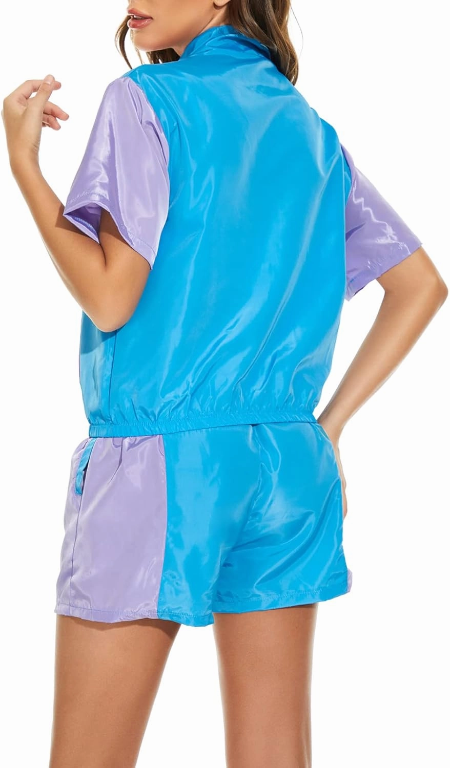 Yisfri Women's Color Block Windbreaker 2 Piece Outfits Short Sleeve Zip Front Elastic Waist Tracksuit Set