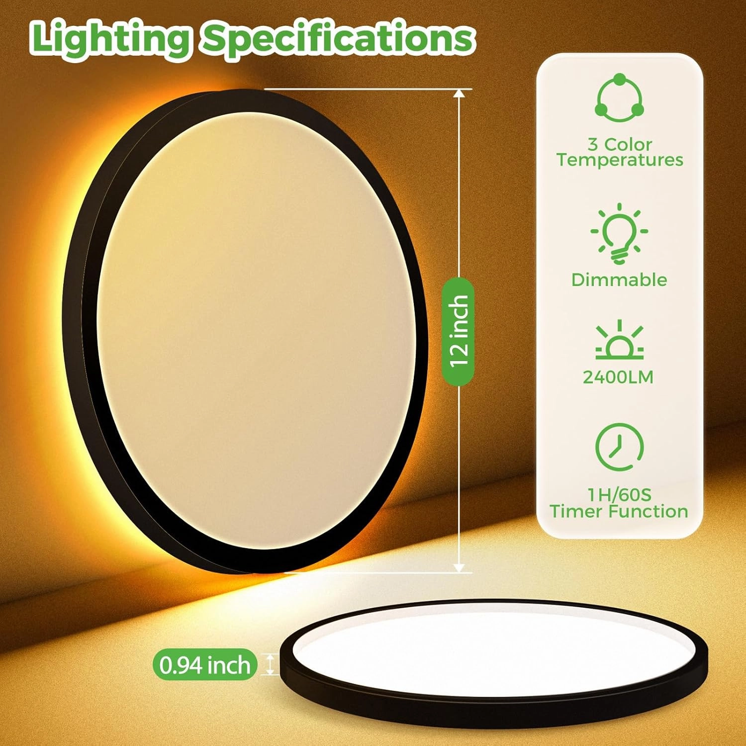 zemty 12 Inch LED Ceiling Light with Night Light 1800K, 3000K/4000K/6500K Dimmable Light Fixtures with Remote Control,24W 2400lm Low Profile Ceiling Lamp for Bedroom LivingRoom Kitchen-Black