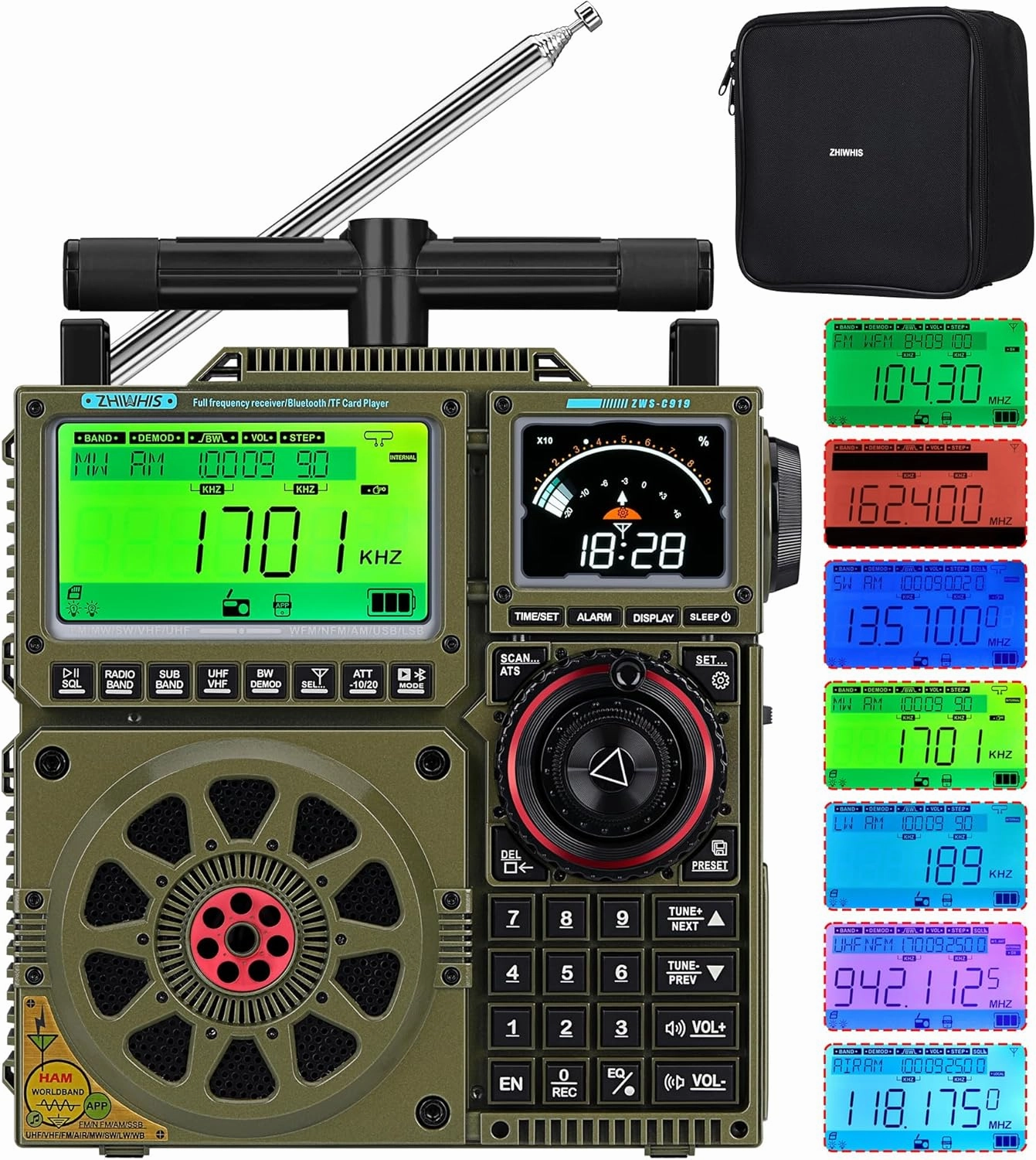 ZHIWHIS Shortwave Radio with SSB and Extra Antenna, AM FM CB LW AIR VHF UHF SW WB SSB Receiver, NOAA Weather/Antenna Tuner/APP Control/Bluetooth/20W Speaker/1600 Presets/Rechargeable Radios ZWS-C919