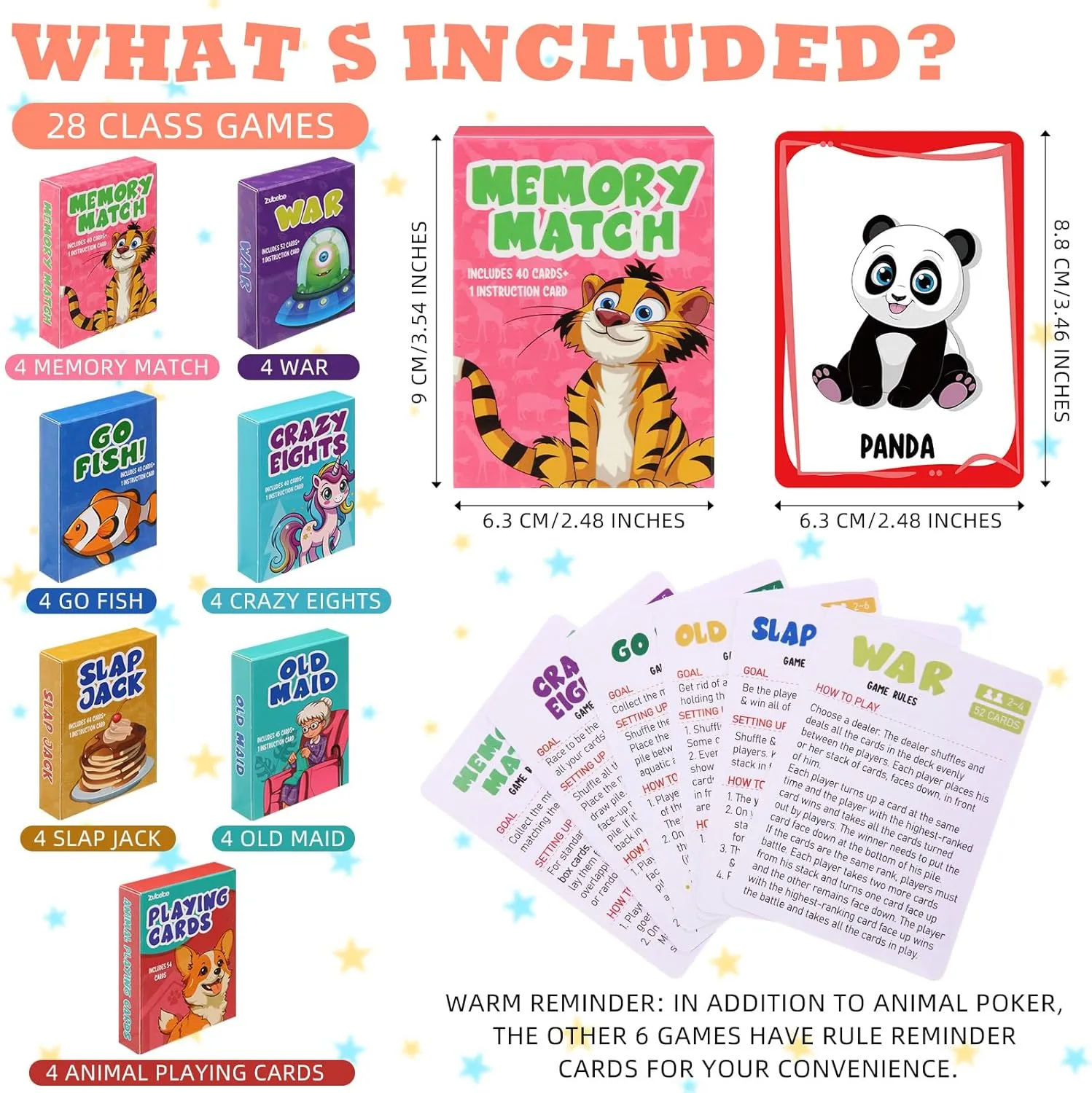 Zubebe 14 Pack Kids Card Games Bulk 7 in 1 Classic Playing Card Game Set for Kids Includes Go Fish,Old Maid,War,Crazy Eights,Memory Match,Slap Jack,Animal Playing Toy for Party Favors