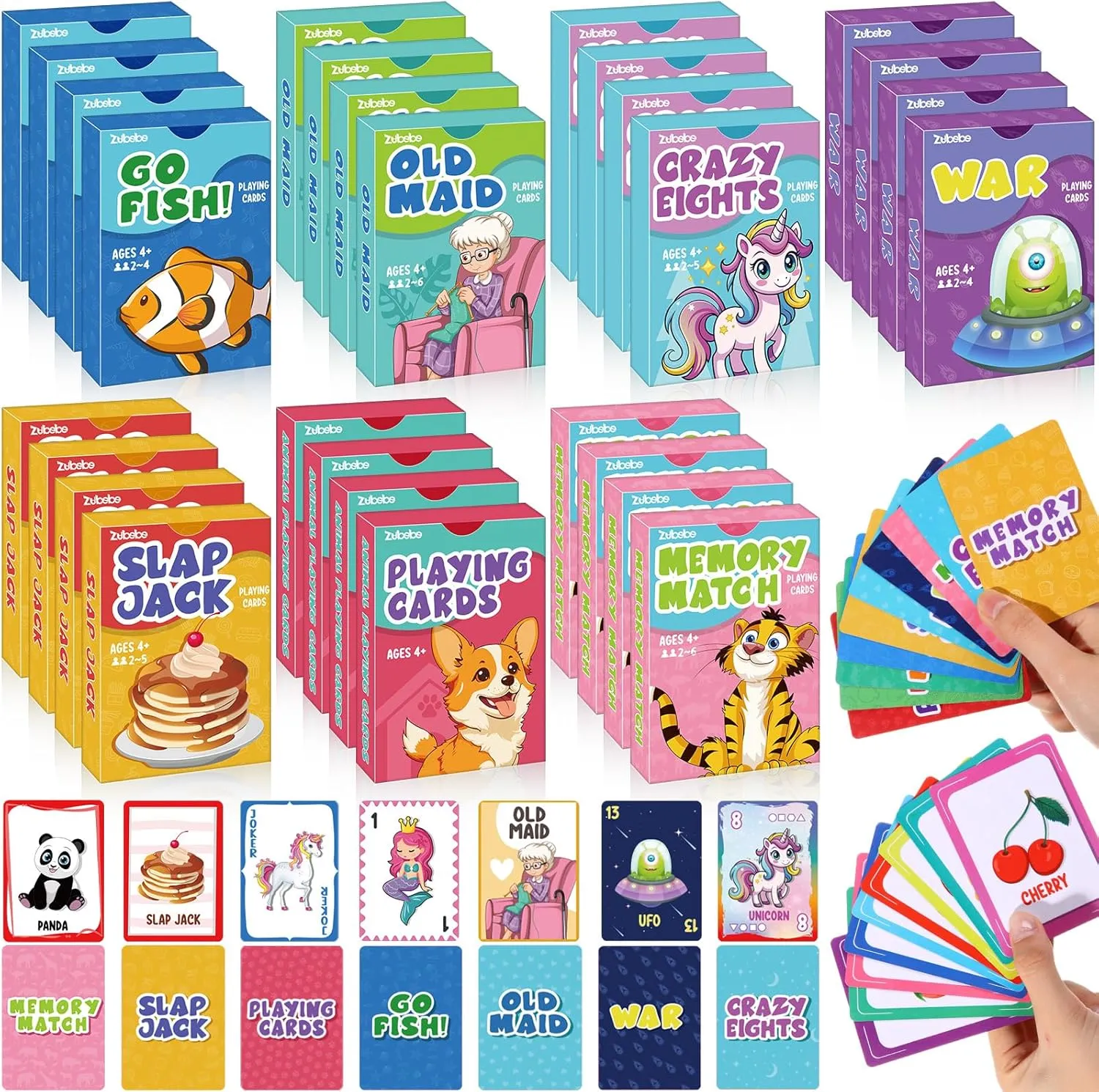 Zubebe 14 Pack Kids Card Games Bulk 7 in 1 Classic Playing Card Game Set for Kids Includes Go Fish,Old Maid,War,Crazy Eights,Memory Match,Slap Jack,Animal Playing Toy for Party Favors