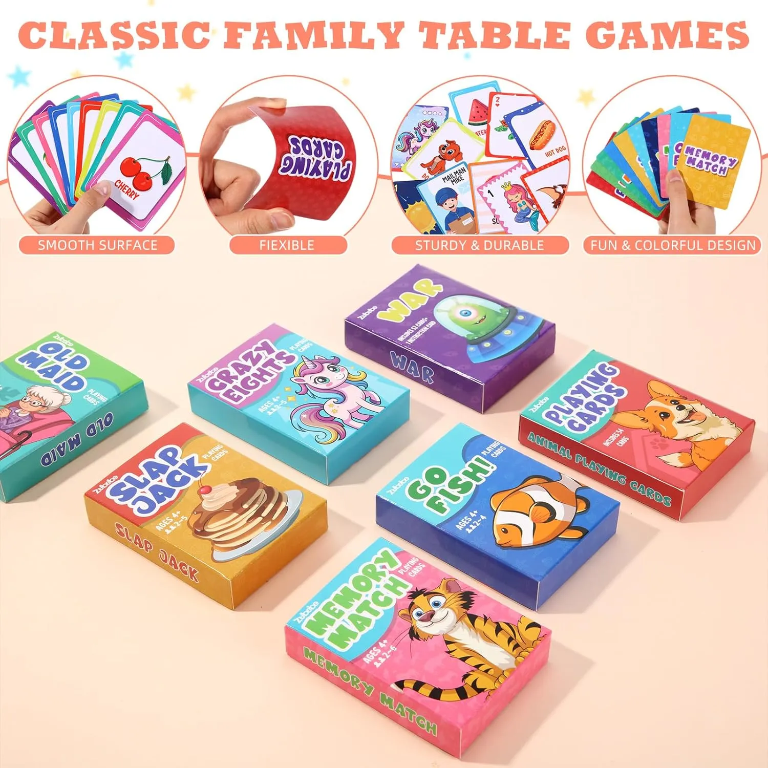 Zubebe 14 Pack Kids Card Games Bulk 7 in 1 Classic Playing Card Game Set for Kids Includes Go Fish,Old Maid,War,Crazy Eights,Memory Match,Slap Jack,Animal Playing Toy for Party Favors